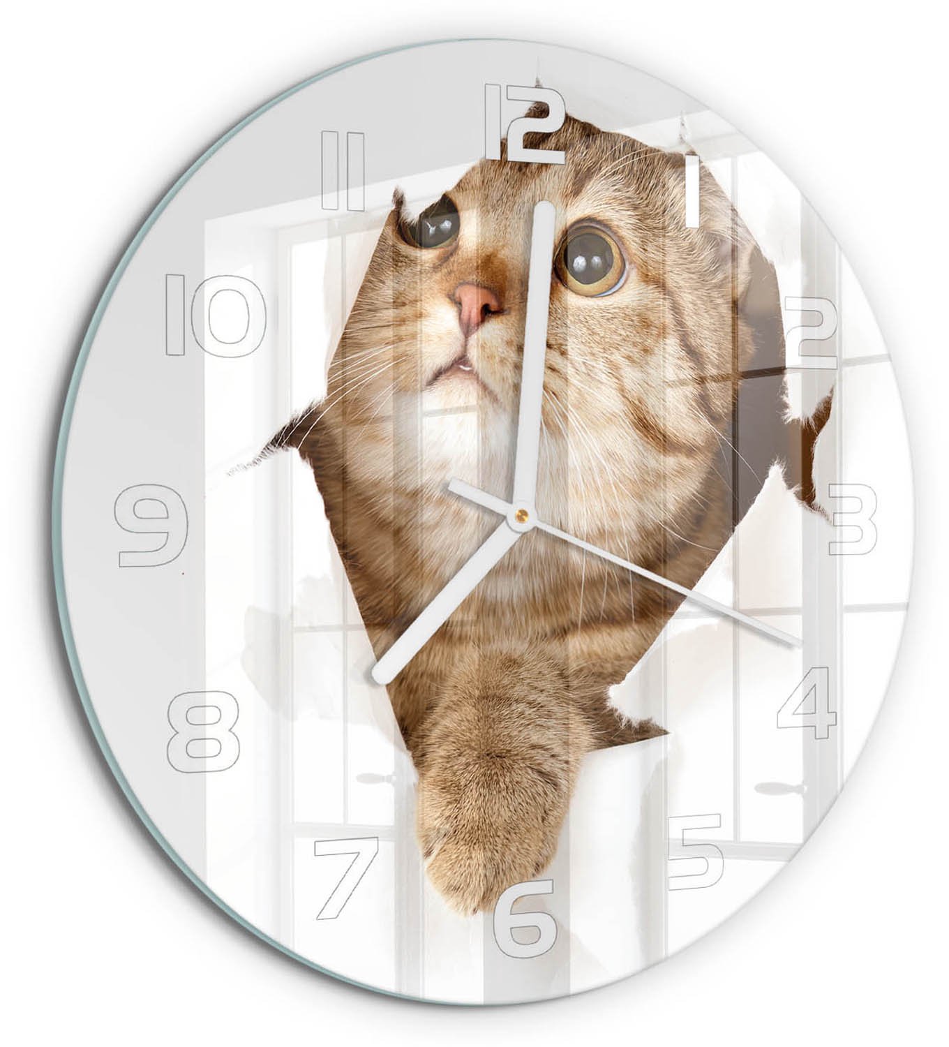 TULUP Wandklok - Kat Glazen Klok Met Print - fi30 cm - Beige Wandklok Glas Met Motief - Witte handen - Ronde Klok - Wandklok Glas Decoratie - Gekleurde Glazen Klok