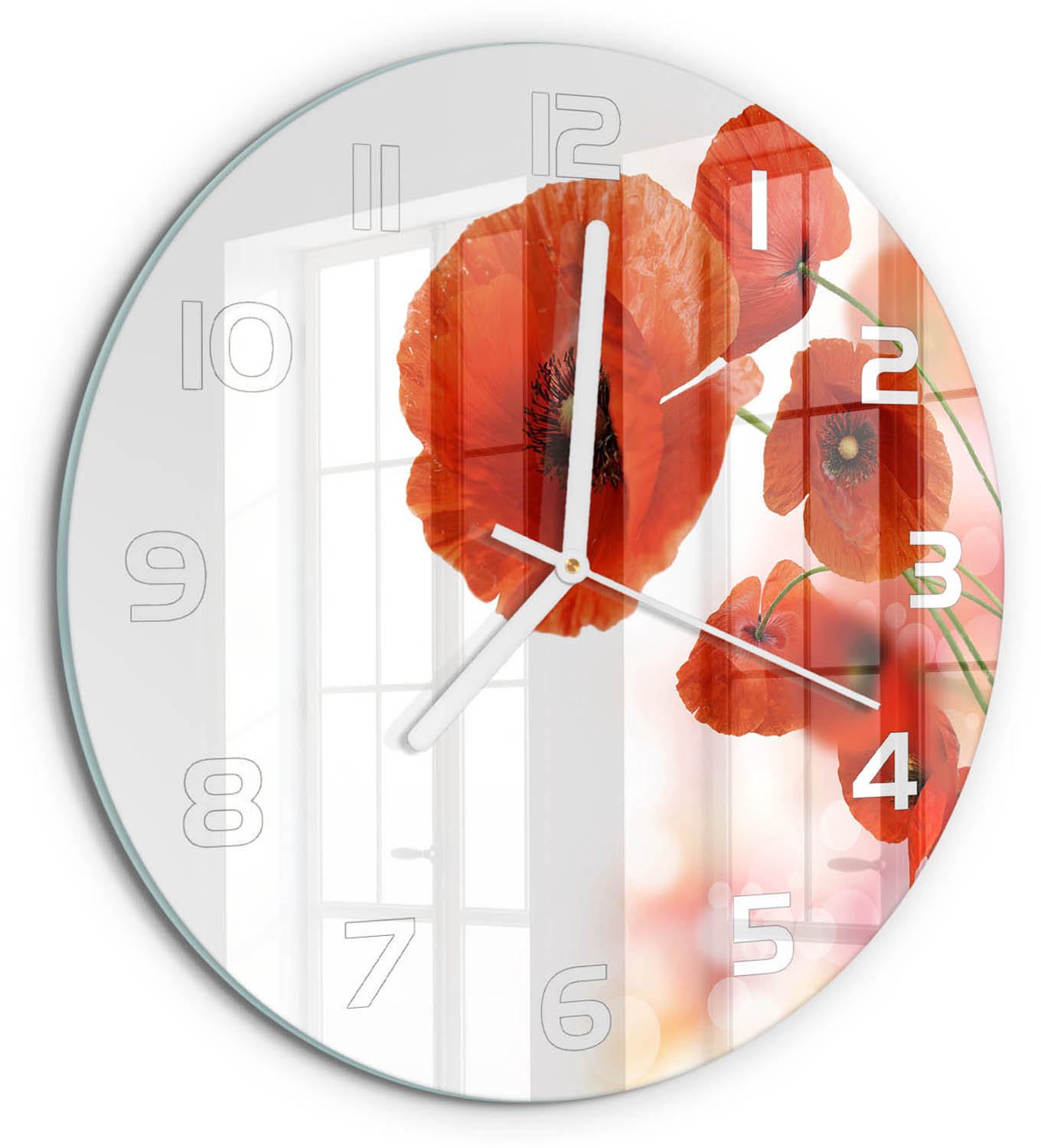 TULUP Wandklok - Klaprozen Moderne Wandklok Glas - fi30 cm - Rood Wandklok Glas Decoratie - Witte handen - Ronde Klok - Glazen Wandklok Design - Klok Glas Met Opdruk