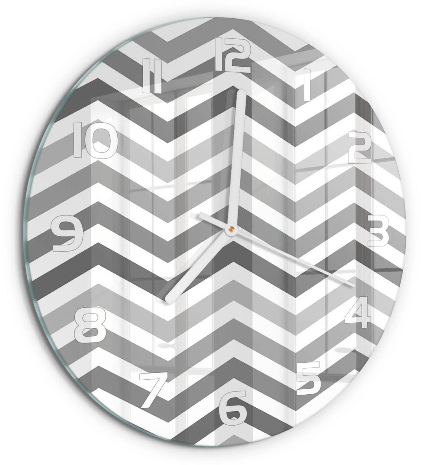 TULUP Wandklok - Grijze zigzag Glazen Wandklok Design - fi30 cm - Grijs Klok Glas Met Opdruk - Witte handen - Ronde Klok - Wandklok Glas Met Motief - Decoratieve Glazen Klok