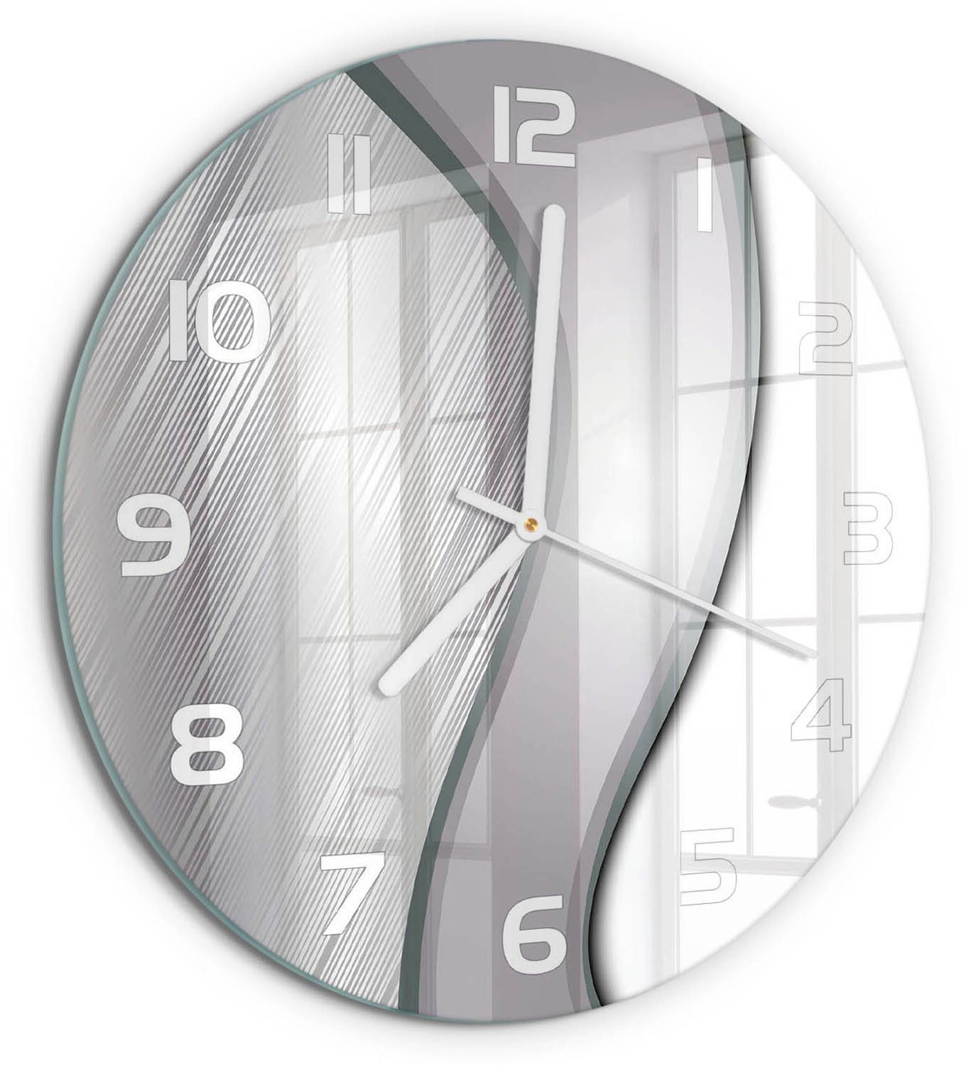 TULUP Wandklok - Metaalabstractie Glazen Wandklok Design - fi30 cm - Zilver Klok Glas Met Opdruk - Witte handen - Ronde Klok - Wandklok Glas Met Motief - Decoratieve Glazen Klok