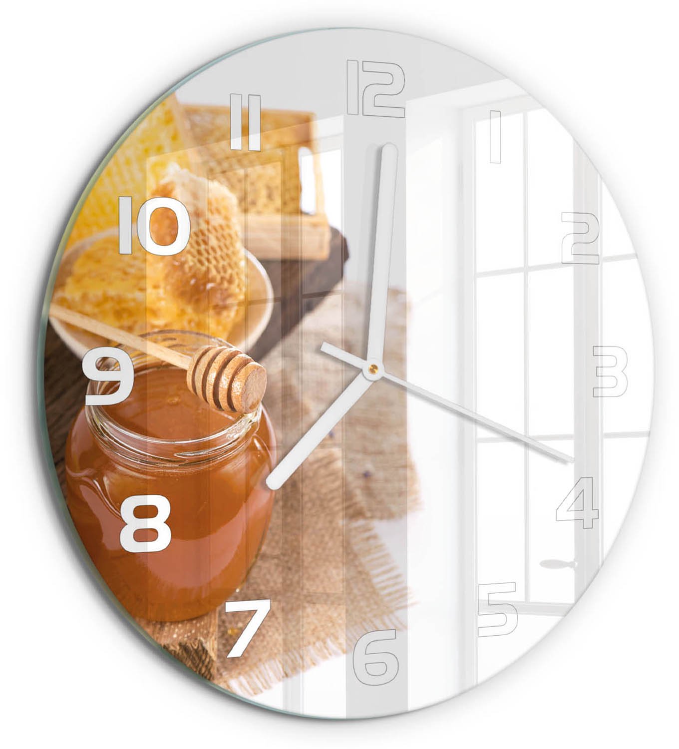 TULUP Wandklok - Honing Klok Glas Met Opdruk - fi30 cm - Geel Moderne Wandklok Glas - Witte handen - Ronde Klok - Decoratieve Glazen Klok - Glazen Wandklok Design