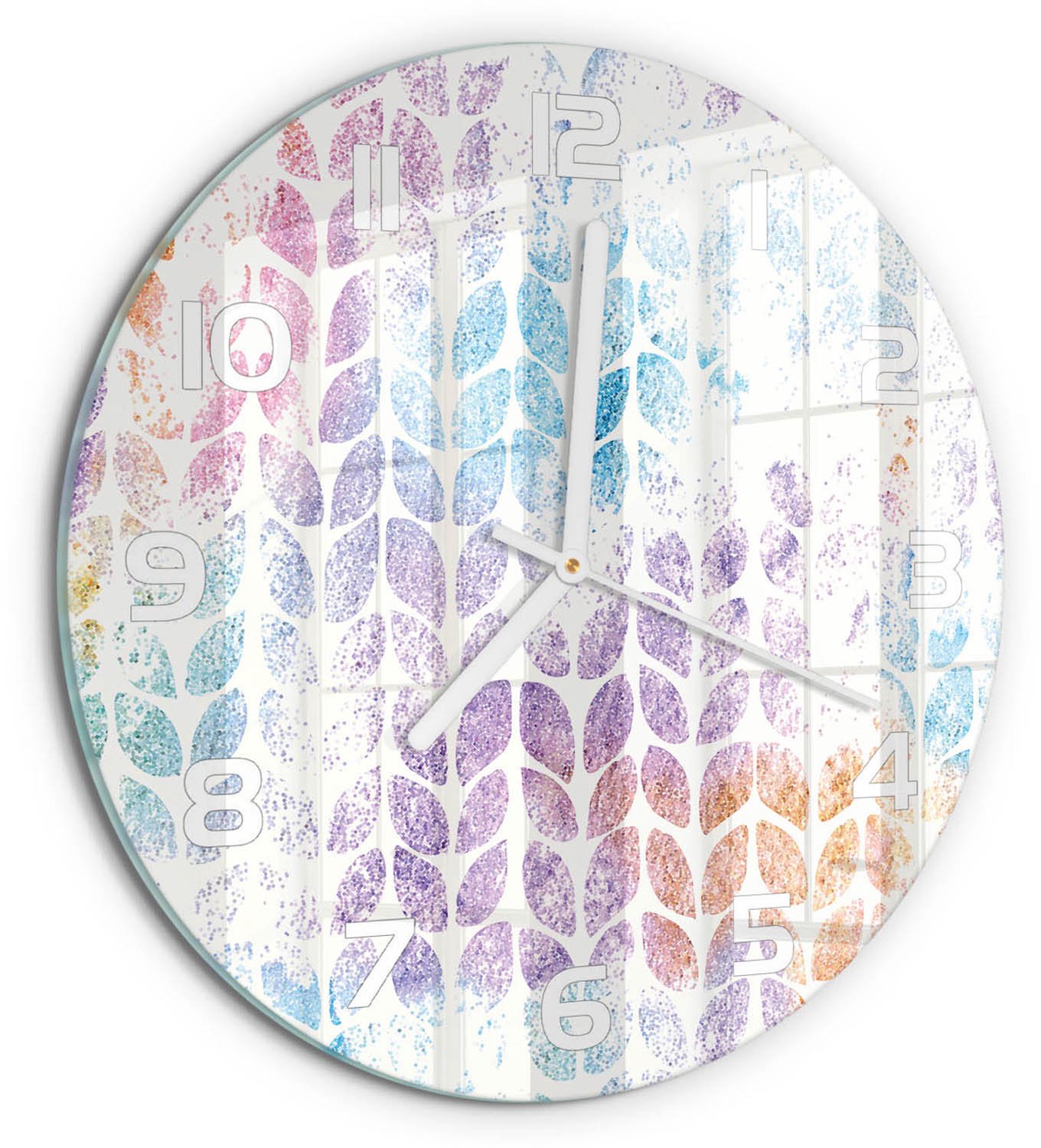 TULUP Wandklok - Kleurrijke bladeren Wandklok Glas Decoratie - fi30 cm - Veelkleurig Gekleurde Glazen Klok - Witte handen - Ronde Klok - Klok Glas Met Opdruk - Moderne Wandklok Glas