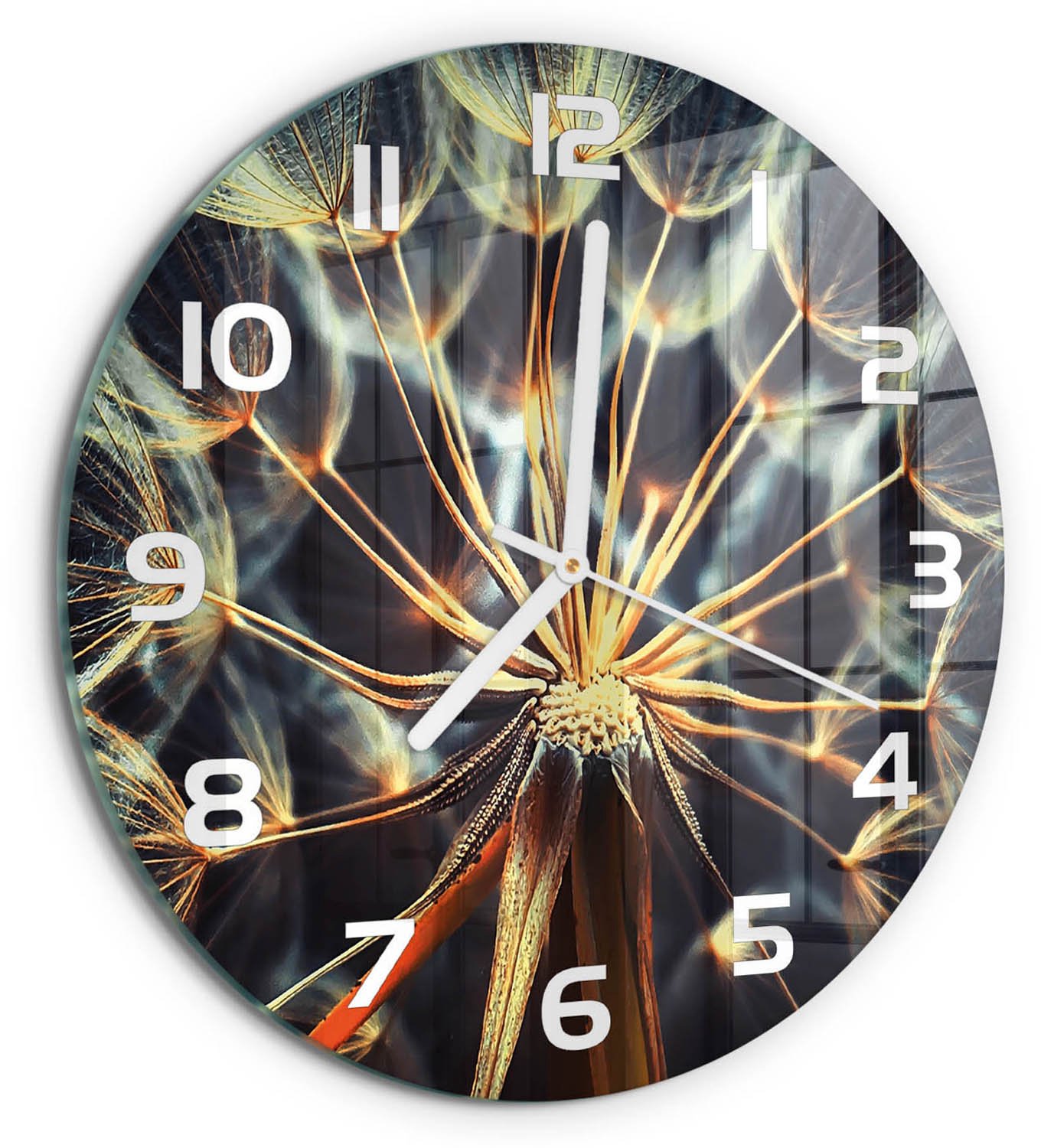 TULUP Wandklok - Paardenbloemtand Klok Glas Met Opdruk - fi30 cm - Bruin Moderne Wandklok Glas - Witte handen - Ronde Klok - Decoratieve Glazen Klok - Glazen Wandklok Design
