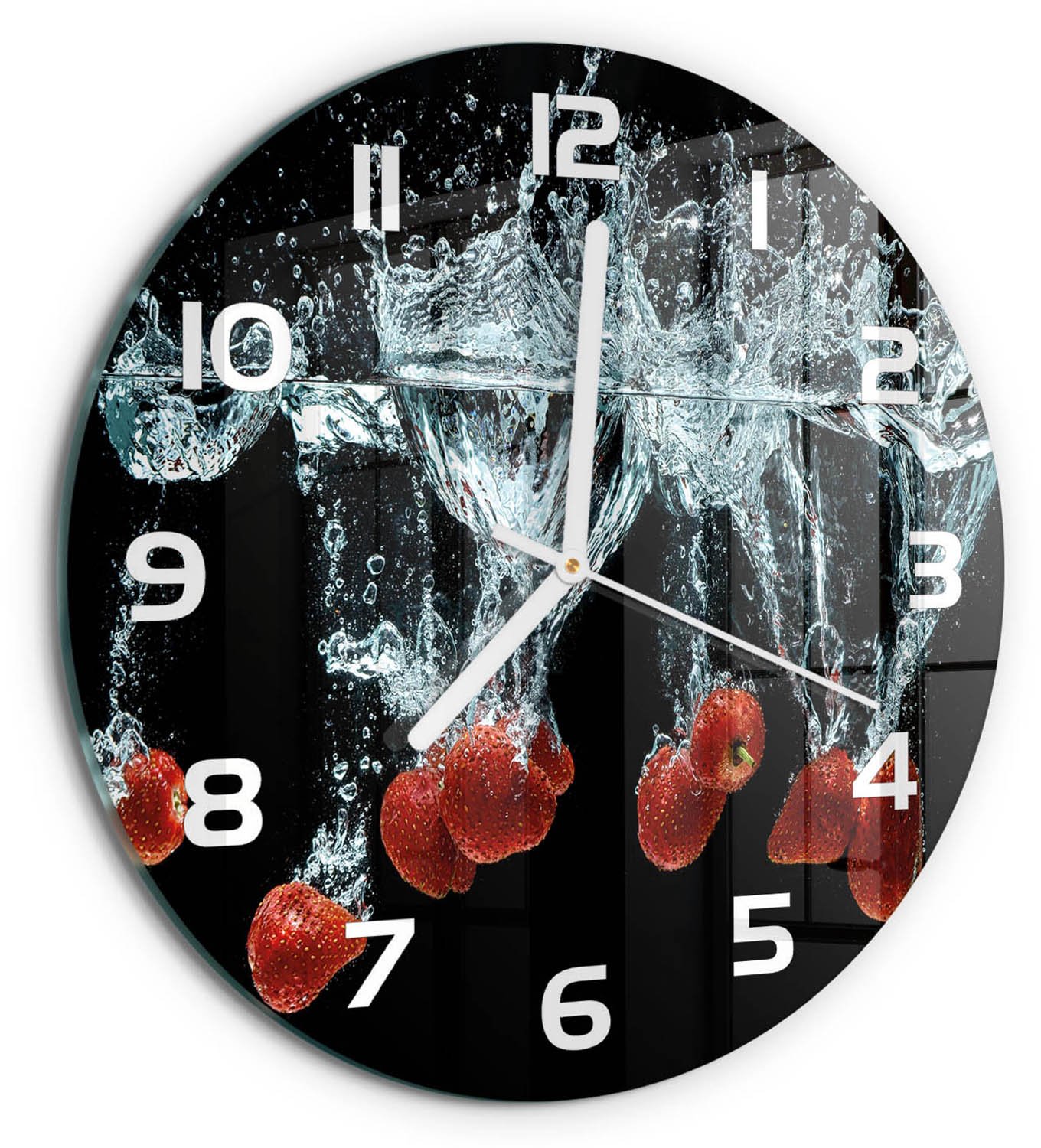 TULUP Wandklok - Aardbeien onder water Decoratieve Glazen Klok - fi30 cm - Rood Glazen Wandklok Design - Witte handen - Ronde Klok - Glazen Klok Met Print - Wandklok Glas Met Motief