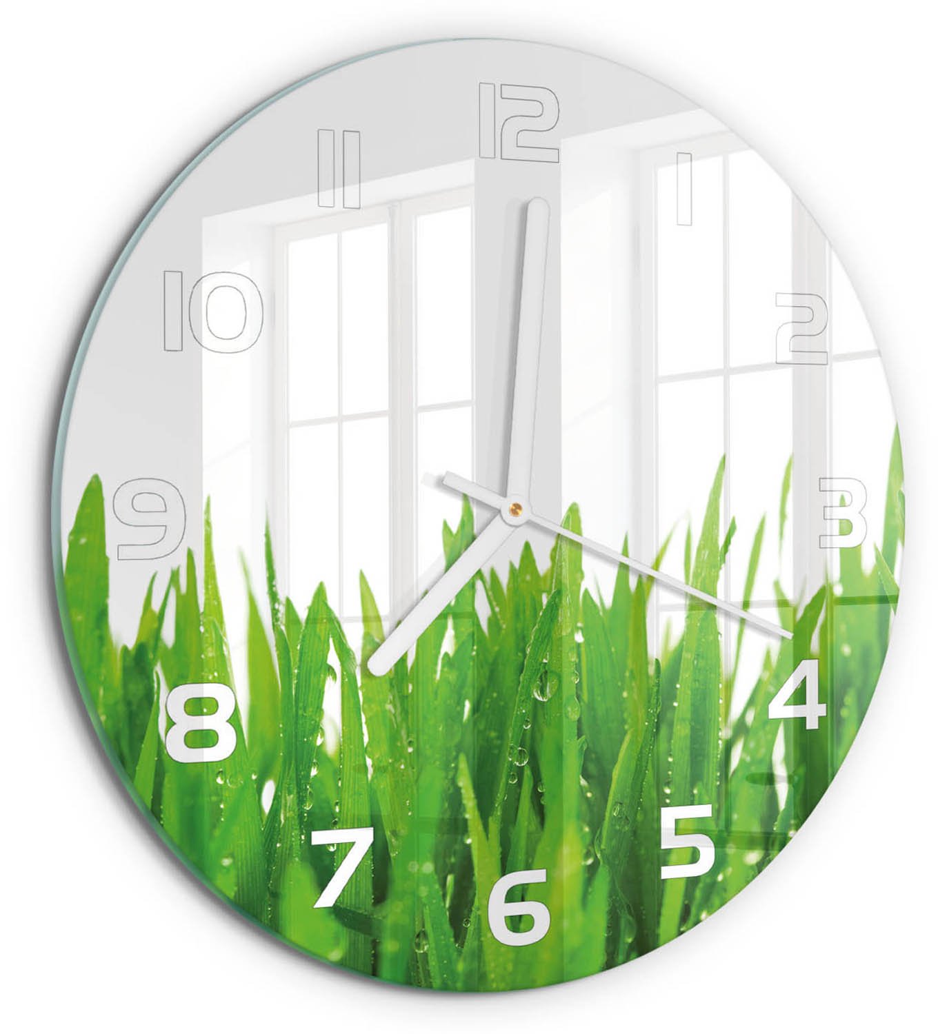 TULUP Wandklok - Gras Glazen Wandklok Design - fi30 cm - Groente Klok Glas Met Opdruk - Witte handen - Ronde Klok - Wandklok Glas Met Motief - Decoratieve Glazen Klok