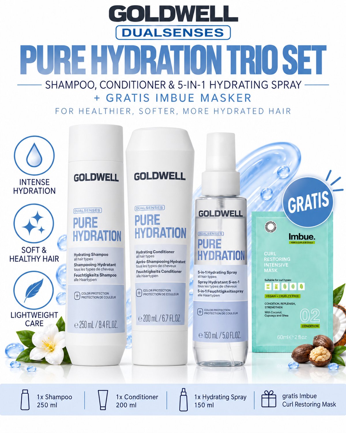 Goldwell Dualsenses Pure Hydration Shampoo, Conditioner & 5-in-1 Hydrating Spray + Gratis Imbue Masker