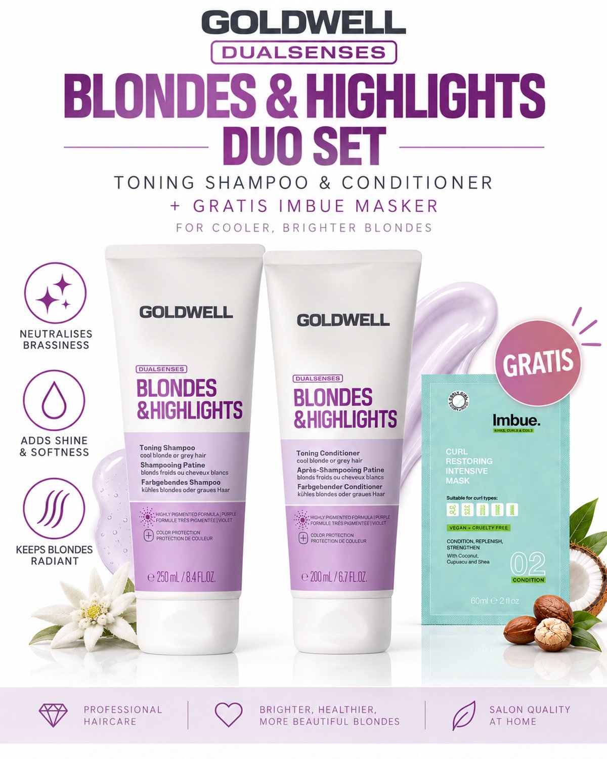 Goldwell Dualsenses Blondes & Highlights Toning Shampoo & Conditioner Duo + Gratis Imbue Masker