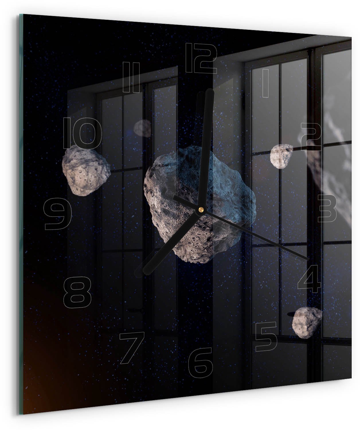 Tulup Wandklok - Meteoren Decoratieve Glazen Klok - 30x30 cm - Zwart Glazen Wandklok Design - Zwarte handen - Vierkante Klok - Glazen Klok Met Print - Wandklok Glas Met Motief