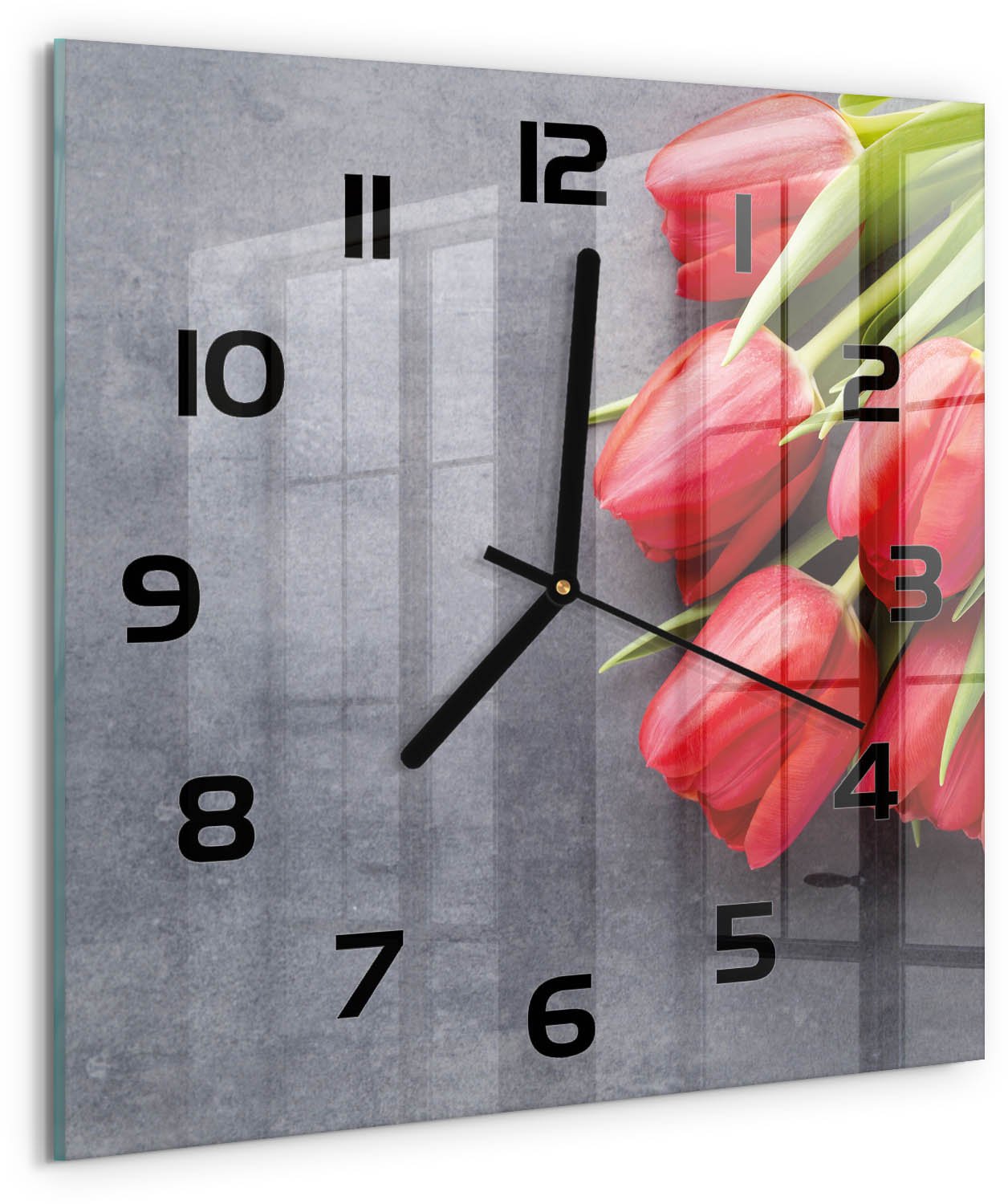 TULUP Wandklok - Rode tulpen Gekleurde Glazen Klok - 30x30 cm - Rood Glazen Klok Met Print - Zwarte handen - Vierkante Klok - Moderne Wandklok Glas - Wandklok Glas Decoratie