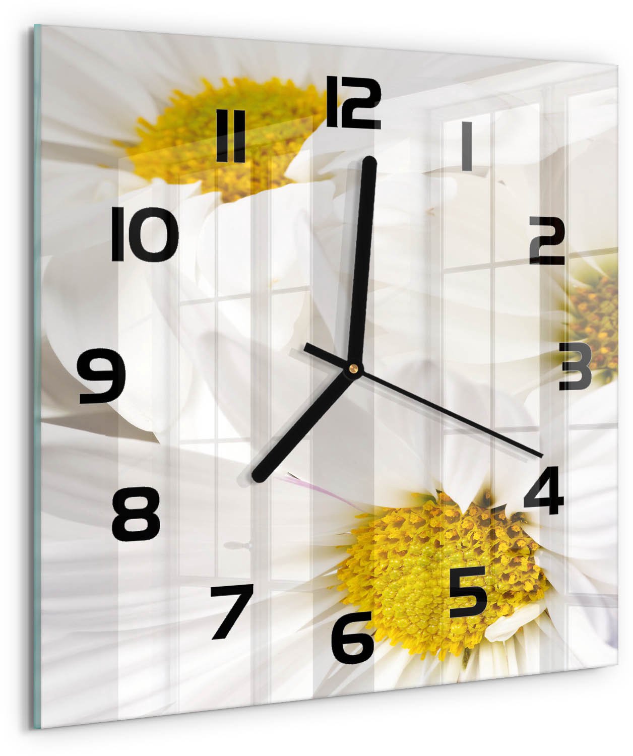 TULUP Wandklok - Madeliefje Klok Glas Met Opdruk - 30x30 cm - Geel Moderne Wandklok Glas - Zwarte handen - Vierkante Klok - Decoratieve Glazen Klok - Glazen Wandklok Design