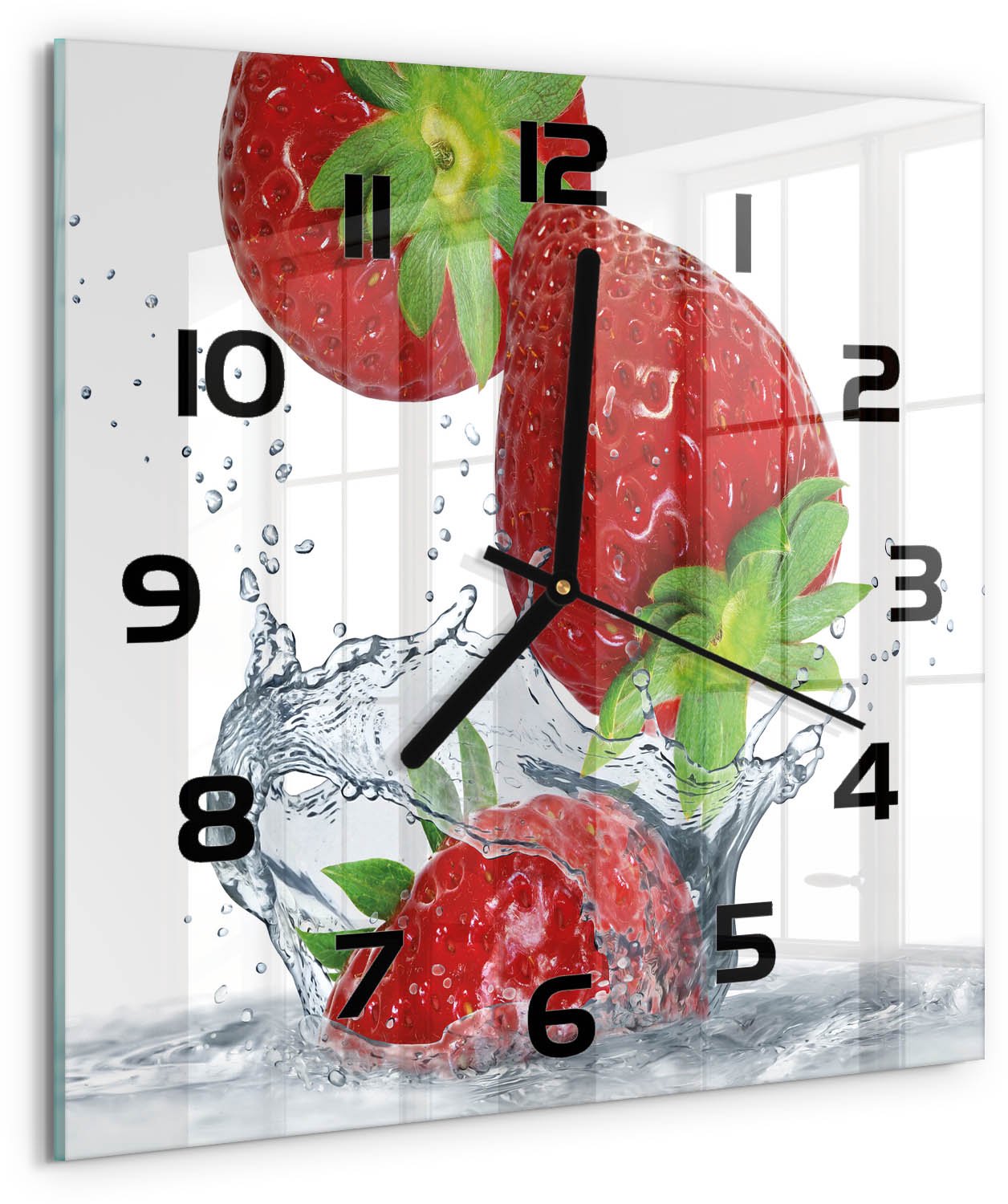Tulup Wandklok - Aardbeien en water Moderne Wandklok Glas - 30x30 cm - Rood Wandklok Glas Decoratie - Zwarte handen - Vierkante Klok - Glazen Wandklok Design - Klok Glas Met Opdruk