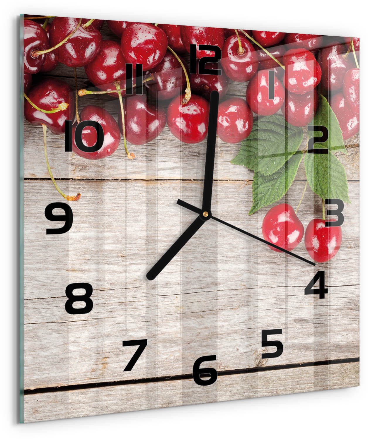 Tulup Wandklok - Kersen op hout Klok Glas Met Opdruk - 30x30 cm - Rood Moderne Wandklok Glas - Zwarte handen - Vierkante Klok - Decoratieve Glazen Klok - Glazen Wandklok Design