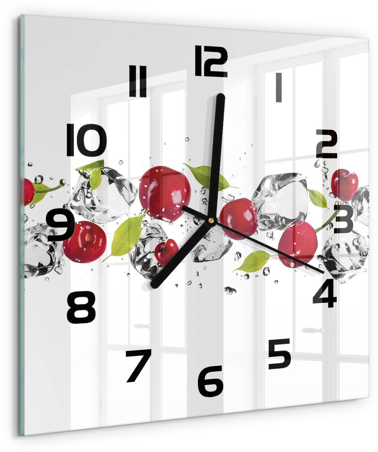TULUP Wandklok - Kersen en water Glazen Klok Met Print - 30x30 cm - Rood Wandklok Glas Met Motief - Zwarte handen - Vierkante Klok - Wandklok Glas Decoratie - Gekleurde Glazen Klok