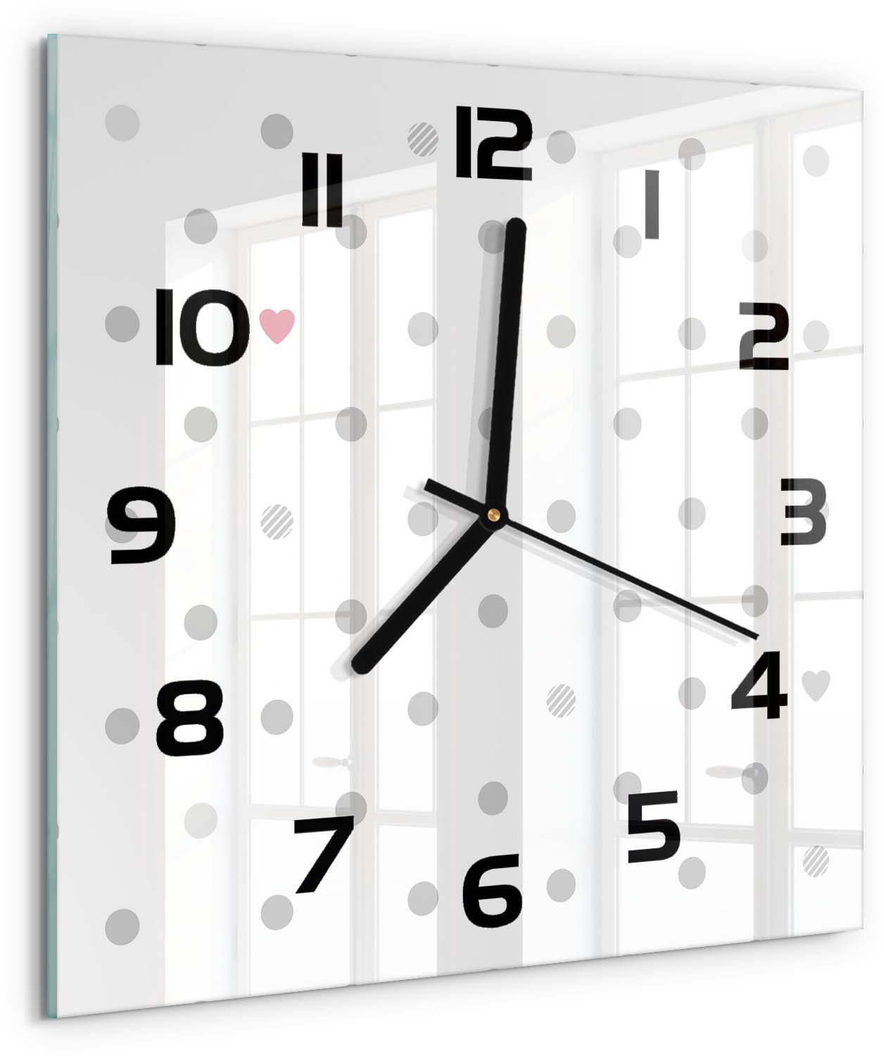 TULUP Wandklok - Stippen en harten Klok Glas Met Opdruk - 30x30 cm - Grijs Moderne Wandklok Glas - Zwarte handen - Vierkante Klok - Decoratieve Glazen Klok - Glazen Wandklok Design