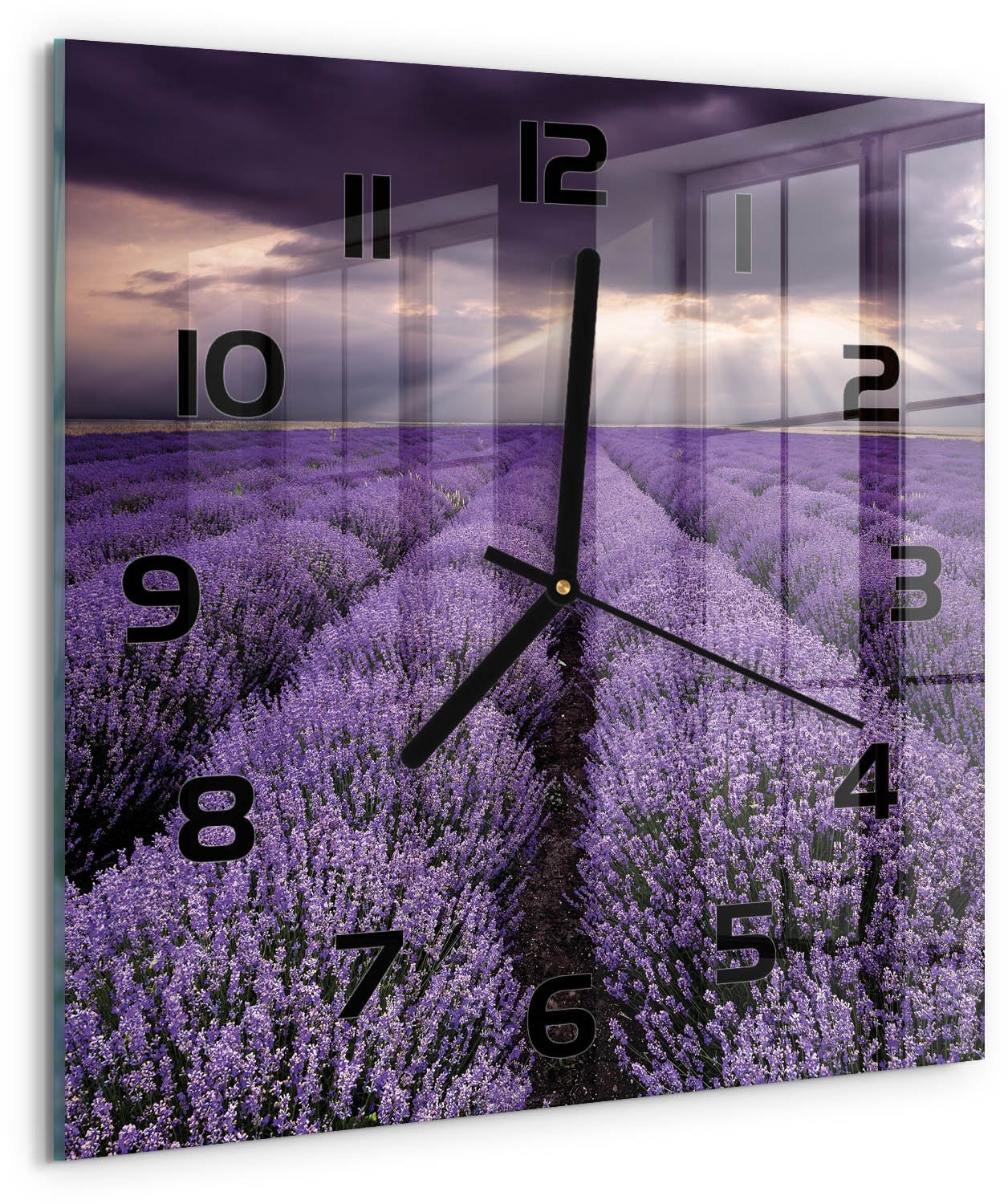 TULUP Wandklok - Lavendelveld Moderne Wandklok Glas - 30x30 cm - Paars Wandklok Glas Decoratie - Zwarte handen - Vierkante Klok - Glazen Wandklok Design - Klok Glas Met Opdruk