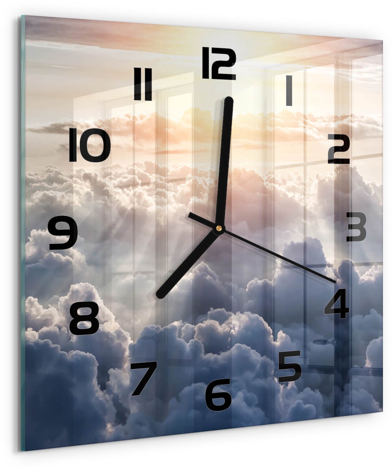 TULUP Wandklok - Wolken gezien vanuit vogelperspectief Glazen Wandklok Design - 30x30 cm - Geel Klok Glas Met Opdruk - Zwarte handen - Vierkante Klok - Wandklok Glas Met Motief - Decoratieve Glazen Klok