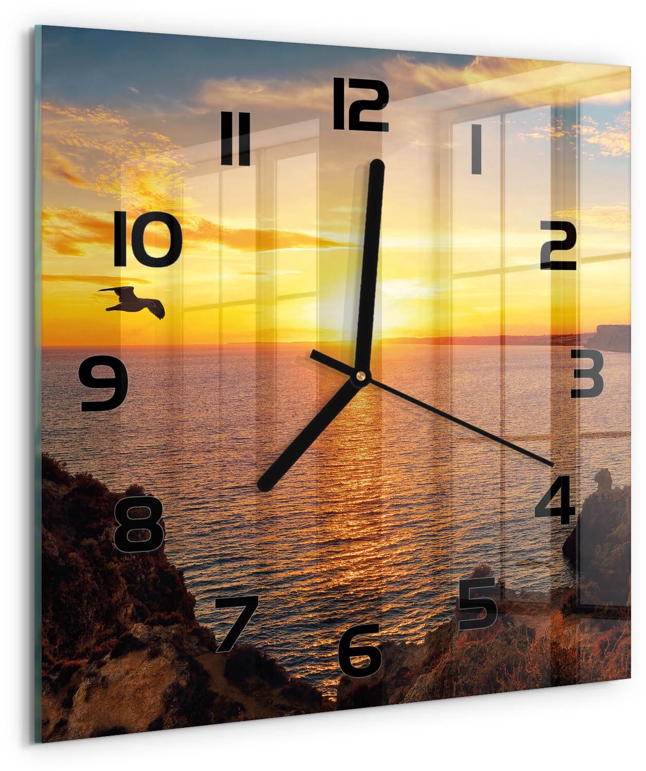 TULUP Wandklok - Zonsondergang Zee Moderne Wandklok Glas - 30x30 cm - Geel Wandklok Glas Decoratie - Zwarte handen - Vierkante Klok - Glazen Wandklok Design - Klok Glas Met Opdruk
