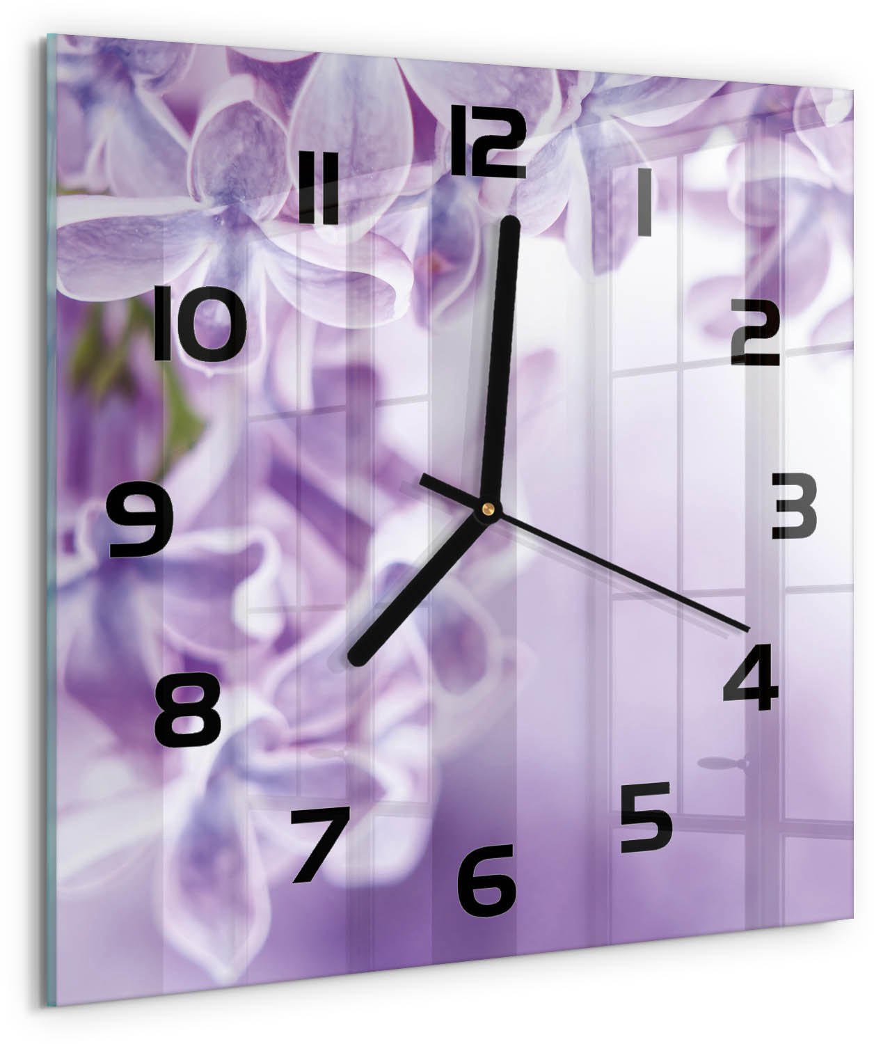 TULUP Wandklok - Paarse bloemen Wandklok Glas Met Motief - 30x30 cm - Paars Decoratieve Glazen Klok - Zwarte handen - Vierkante Klok - Gekleurde Glazen Klok - Glazen Klok Met Print