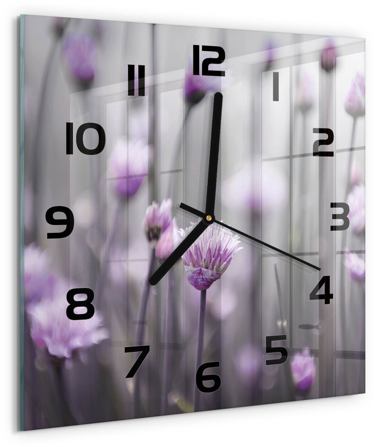 TULUP Wandklok - Bieslookbloemen Wandklok Glas Met Motief - 30x30 cm - Paars Decoratieve Glazen Klok - Zwarte handen - Vierkante Klok - Gekleurde Glazen Klok - Glazen Klok Met Print