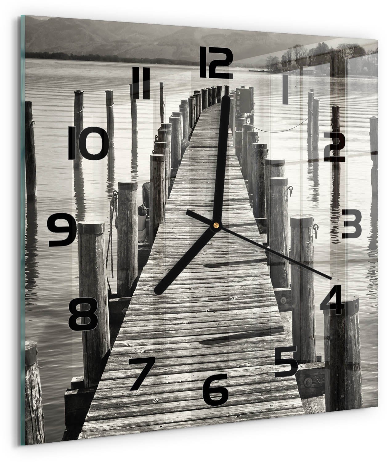 TULUP Wandklok - Houten brug Moderne Wandklok Glas - 30x30 cm - Zwart-wit Wandklok Glas Decoratie - Zwarte handen - Vierkante Klok - Glazen Wandklok Design - Klok Glas Met Opdruk