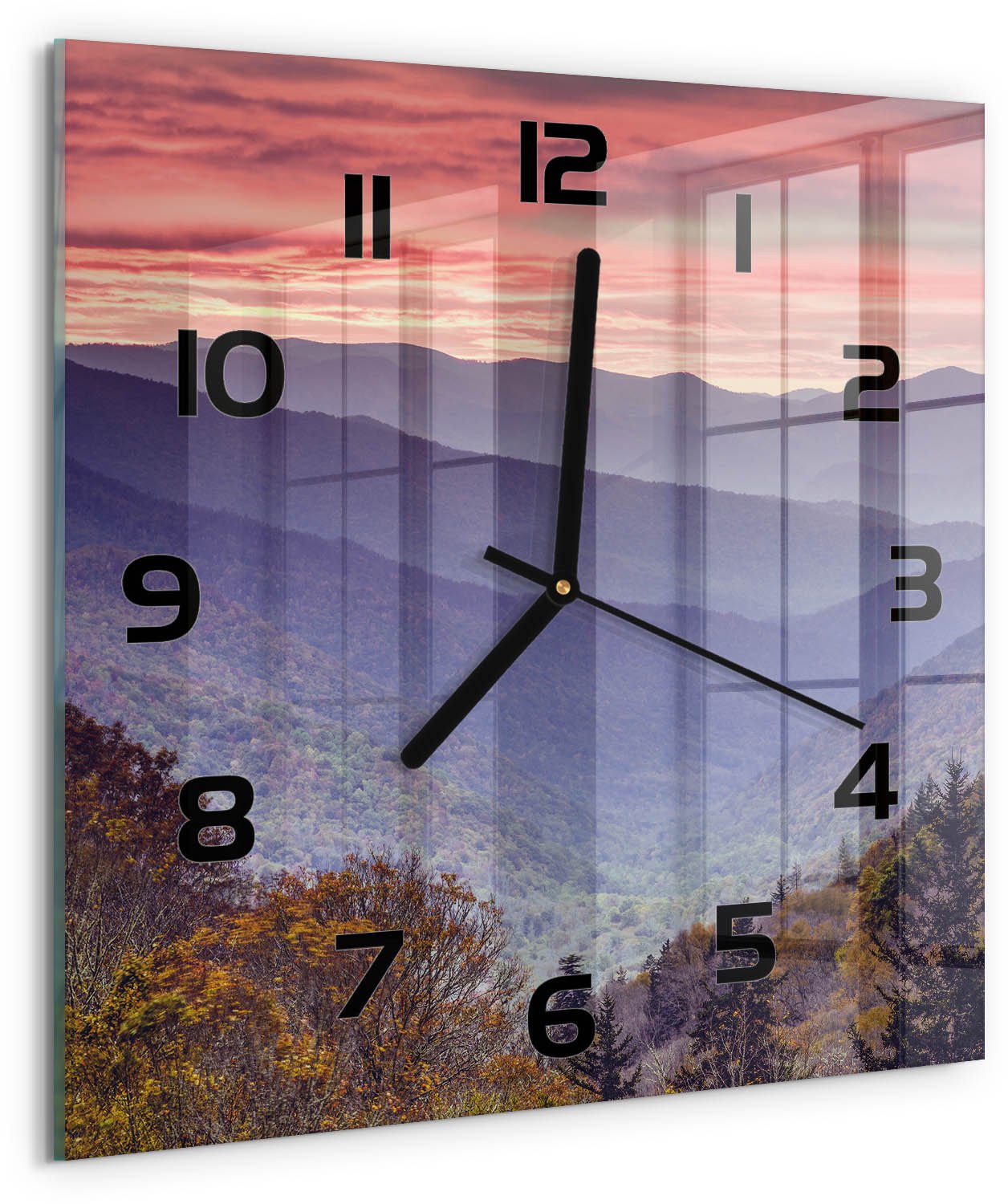 Tulup Wandklok - Bergen bij zonsondergang Gekleurde Glazen Klok - 30x30 cm - Oranje Glazen Klok Met Print - Zwarte handen - Vierkante Klok - Moderne Wandklok Glas - Wandklok Glas Decoratie