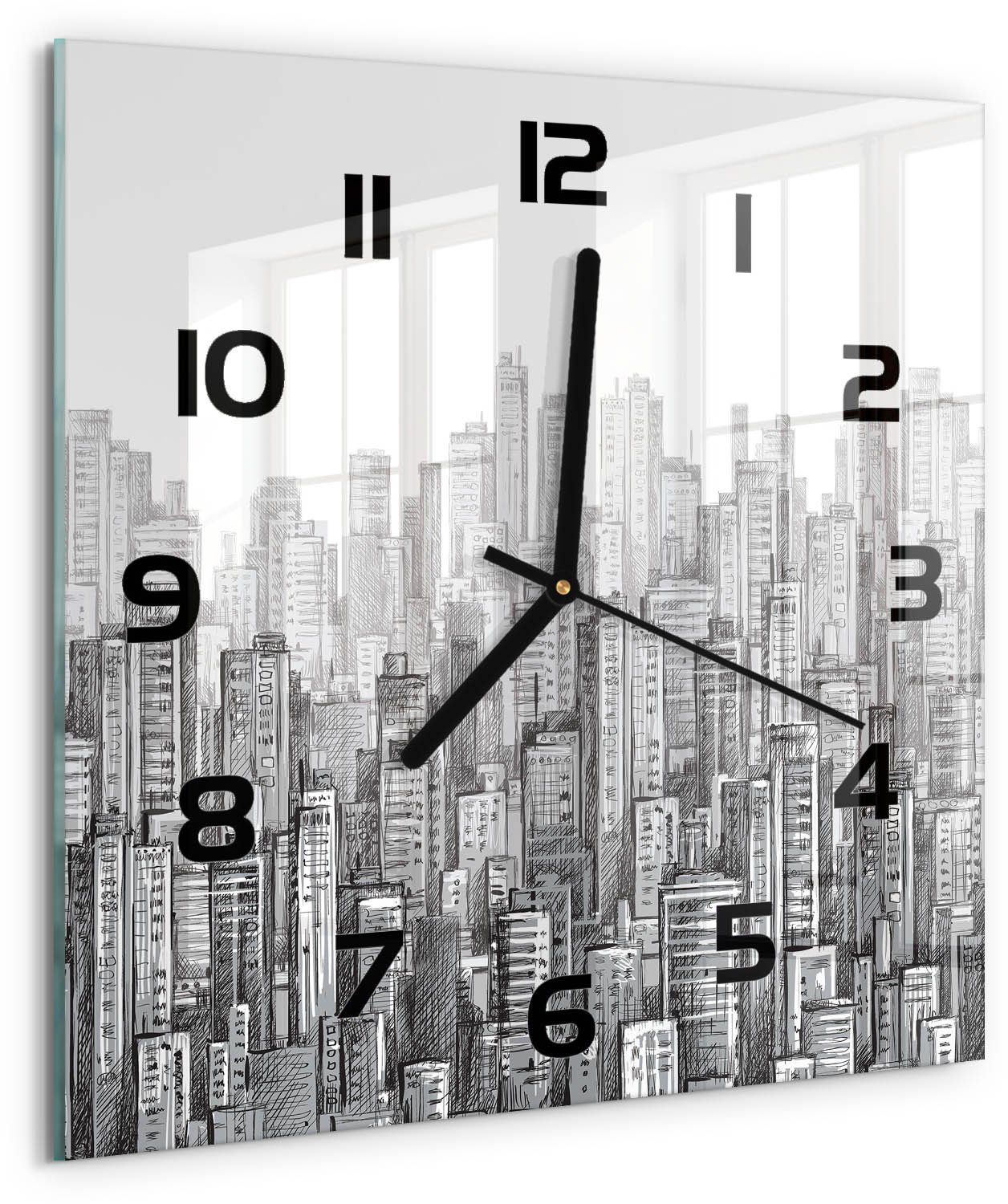 TULUP Wandklok - Wolkenkrabber Wandklok Glas Met Motief - 30x30 cm - Grijs Decoratieve Glazen Klok - Zwarte handen - Vierkante Klok - Gekleurde Glazen Klok - Glazen Klok Met Print