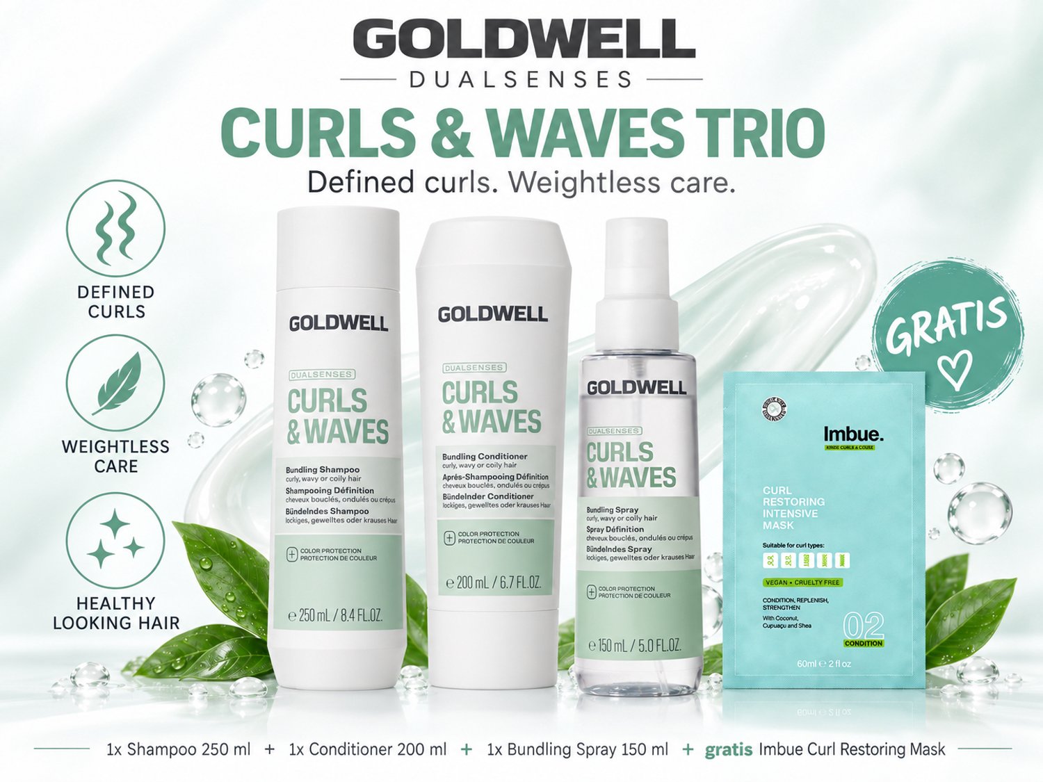 Goldwell Dualsenses Curls & Waves Shampoo, Conditioner & Bundling Spray + Gratis Imbue Masker