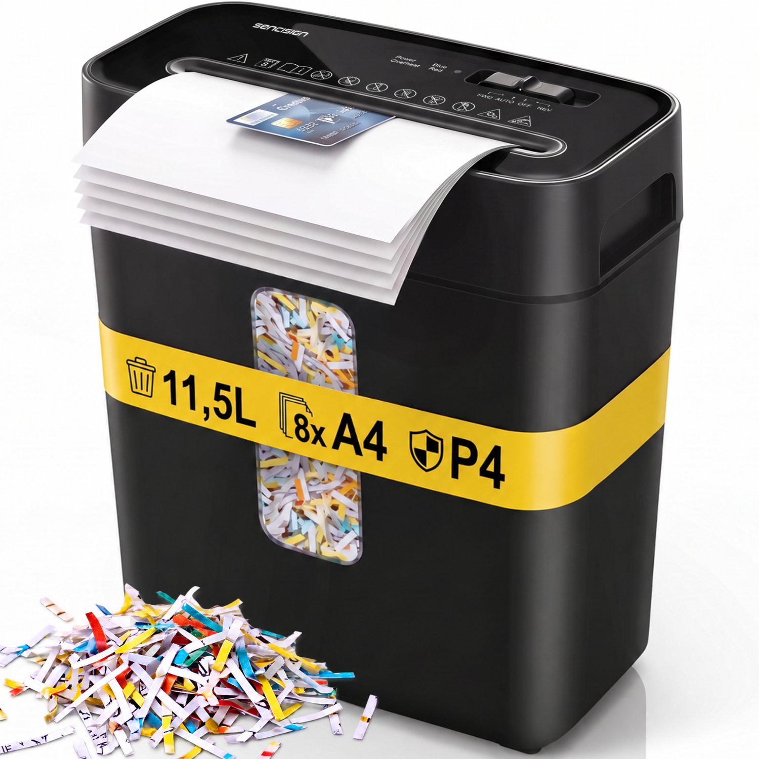 Sencision Papierversnipperaar voor Thuis - P4 Cross-Cut tot 8 Vellen - Versnipperaar voor Papier - Papiervernietiger - 11,5L - Incl. Olievellen - Zwart