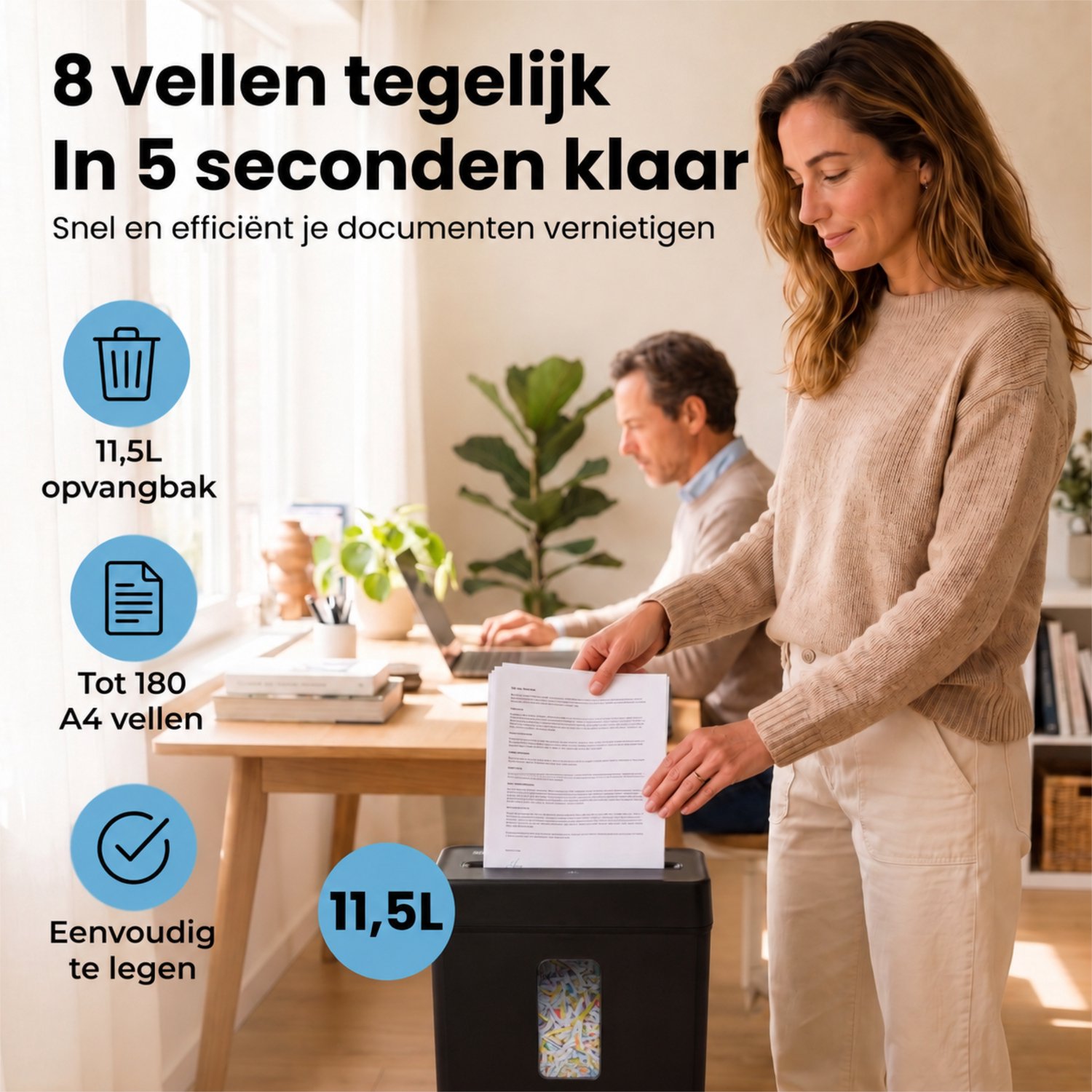 Sencision Papierversnipperaar voor Thuis - P4 Cross-Cut tot 8 Vellen - Versnipperaar voor Papier - Papiervernietiger - 11,5L - Incl. Olievellen - Zwart thumbnail 3