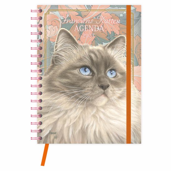 Agenda 2027 met een schilderij van een Ragdoll kat met blauwe ogen op een achtergrond van bloemen en bladeren.