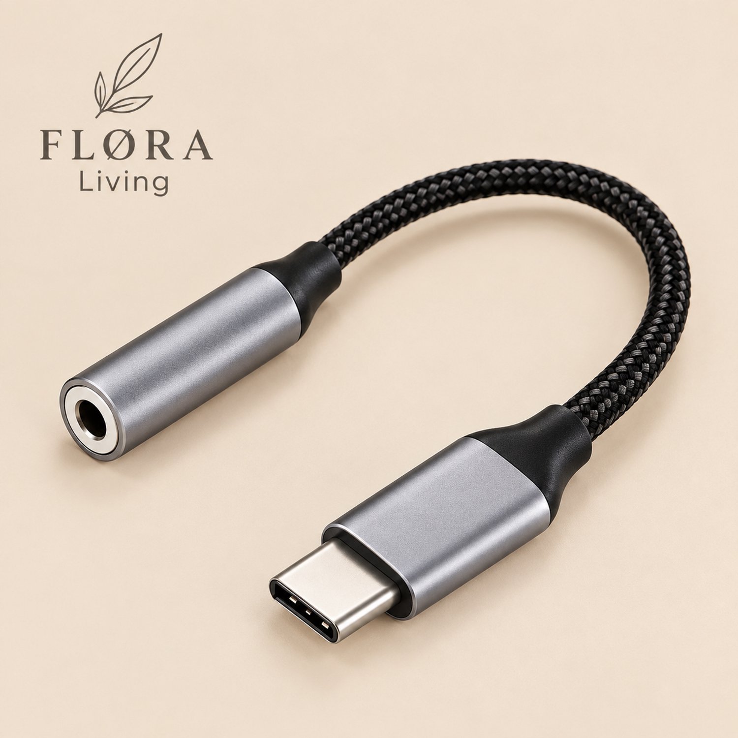 FLØRA Living USB-C naar 3.5mm Jack Adapter – Audio Verloopstuk voor Oortjes & Koptelefoon – Gevlochten Kabel – Geschikt voor Samsung, Huawei, Xiaomi & Oppo – Zwart