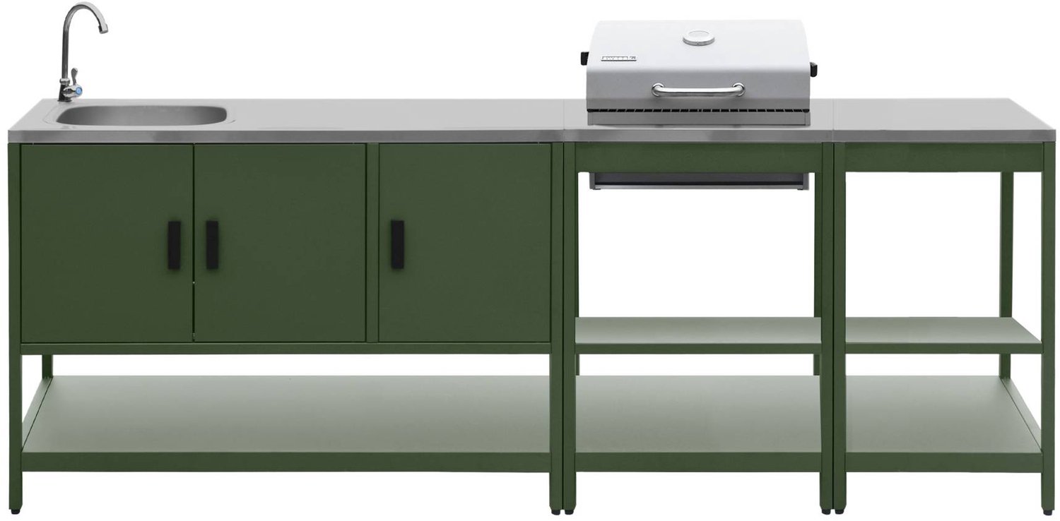 sweeek - 3 buitenkeukenmodules met barbecue op houtskool gootsteen en opbergruimte staal - naxos