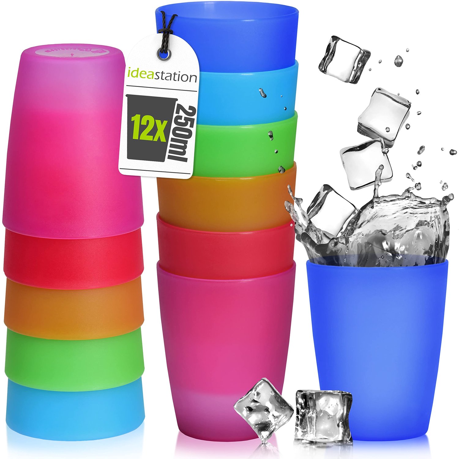 SnelShoppen - Neo kunststof bekers 250 ml, kleurrijk, herbruikbaar, onbreekbaar, plastic drinkbekers, party-servies voor kinderen, campingservies, 12