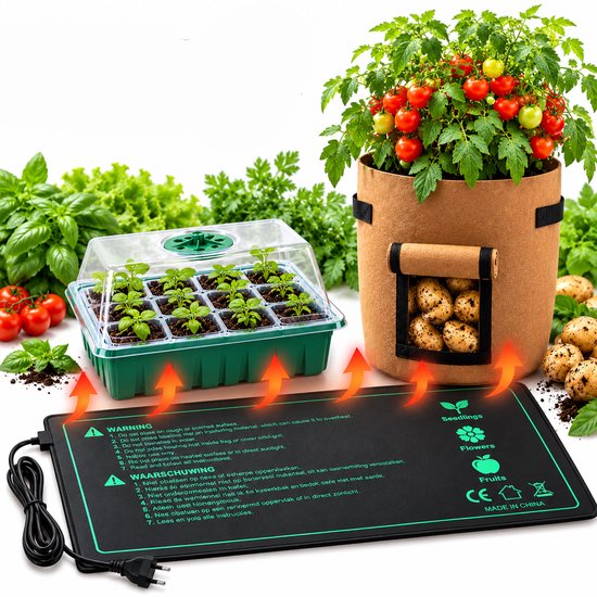 Kweekset met verwarmingsmat, kweekbak en bruine kweekzak voor optimale plantengroei.