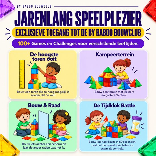 By Baboo Bouwclub overzicht met vier uitdagende magnetische bouwspellen voor kinderen met kleurrijke blokken.