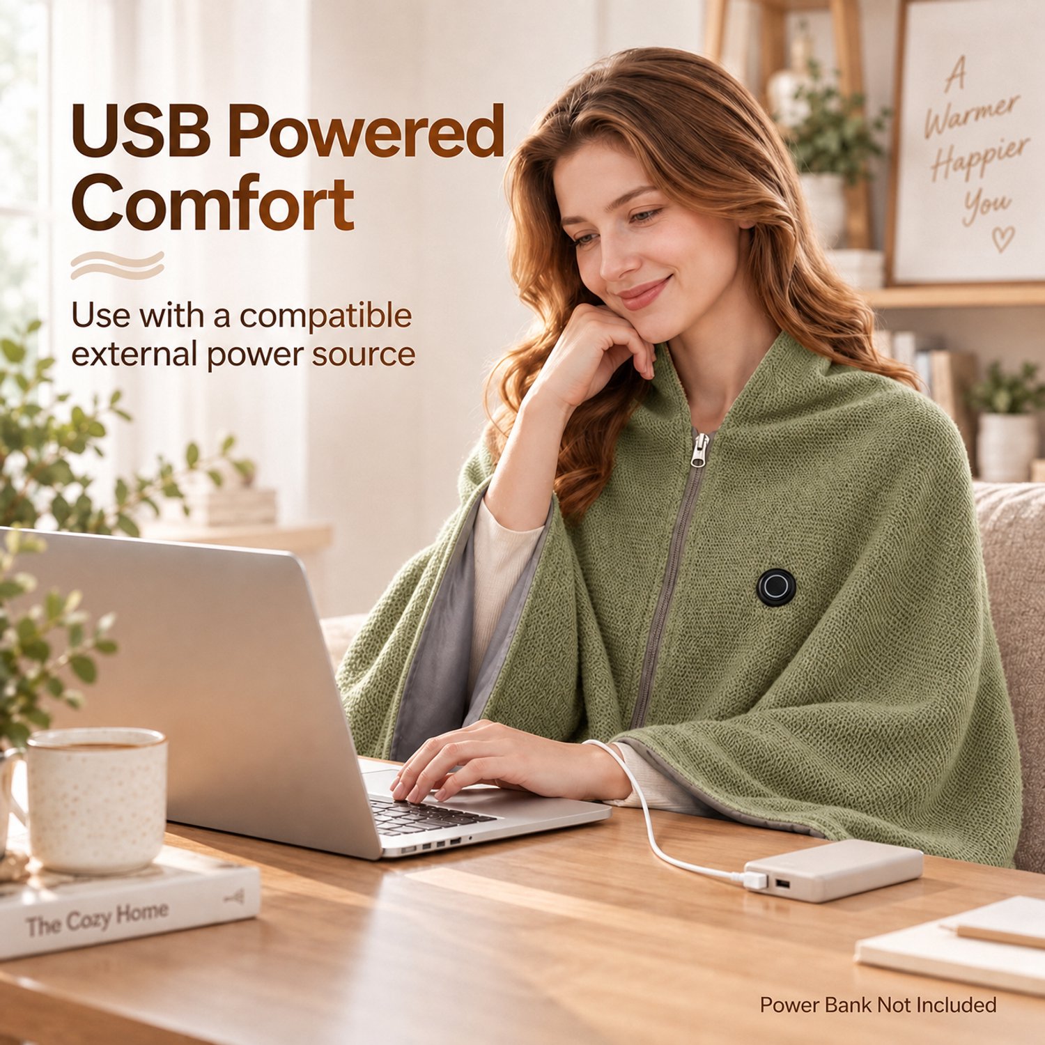 Ryoudavell - Draagbare Verwarmingsdeken Dames USB, 150x80cm Omslagdoek/Poncho met Rits, Gerichte Warmte voor Nek, Schouders, Rug en Benen - Zachte Synthetische Stof, Olijfgroen, voor Thuis, Kantoor, Reizen, Powerbank Niet Inbegrepen – foto 3