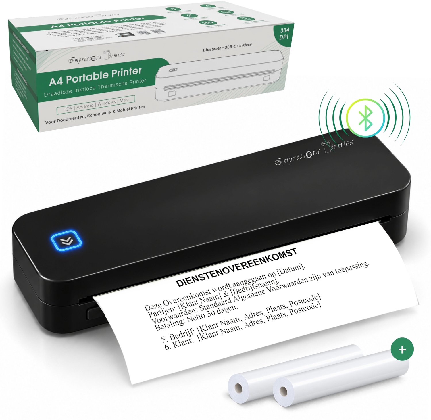 Impressora Térmica® - Draadloze thermische printer - Mini Printer voor Mobiel/Tablet/Laptop - 304 DPI - Pocket Printer - USB/USB-C - Thuis/School/Onderweg - Inclusief twee rollen thermisch papier - Zwart