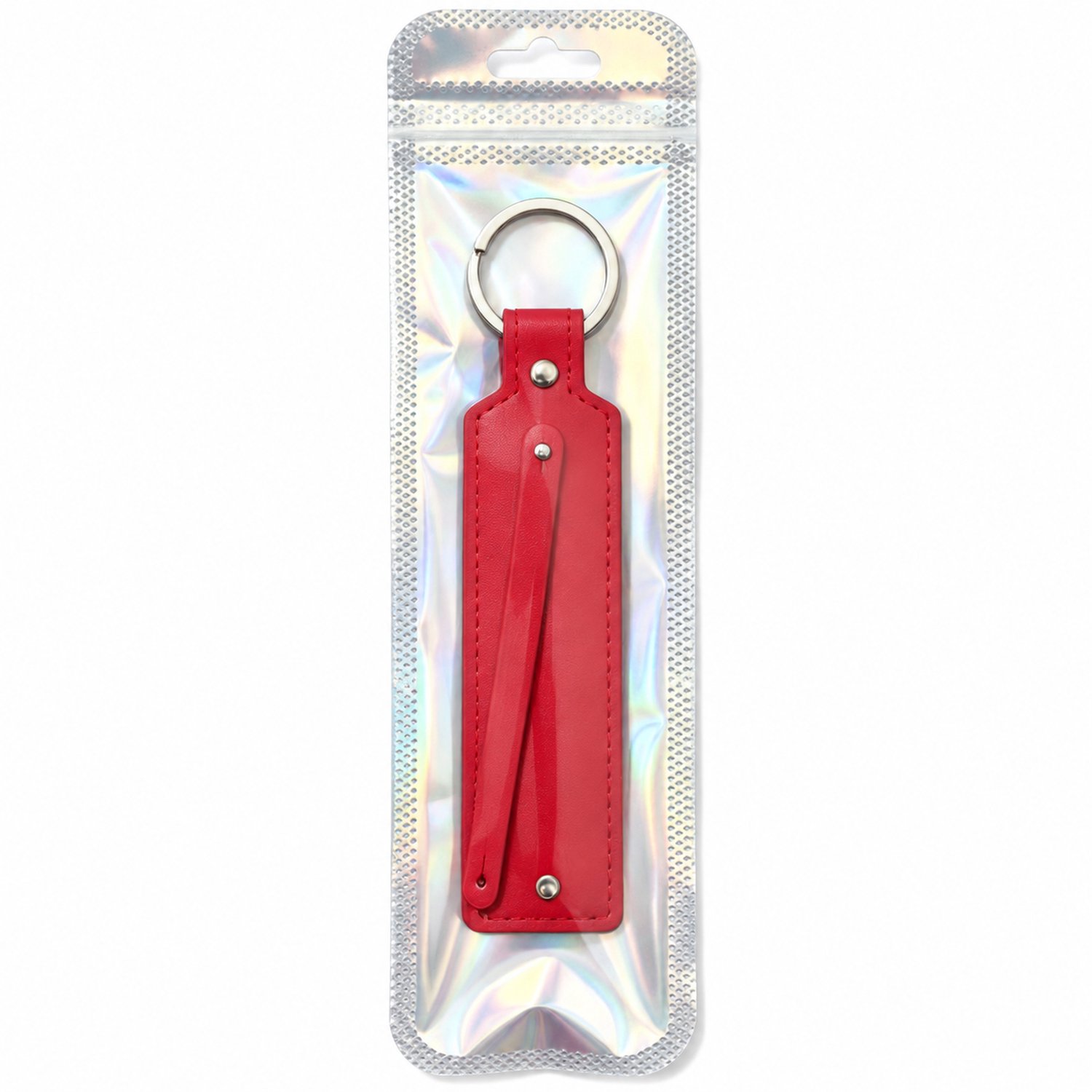 Sleutelhanger van rood PU-kunstleer met metalen sleutelring en stikrand, individueel verpakt in holografisch zakje