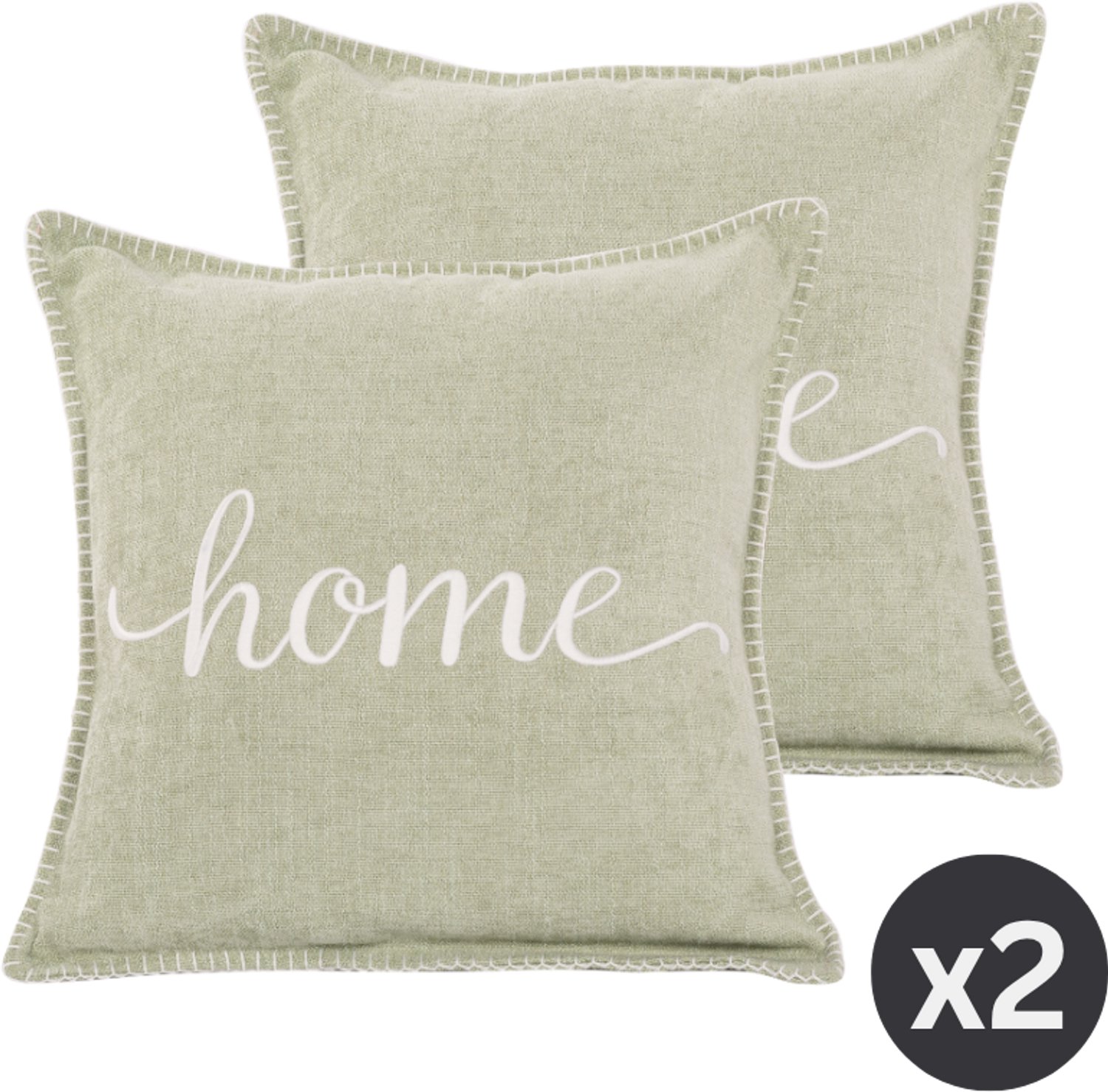 Tiseco HOME STUDIO - Kussen (gevuld) DAMIAN - Geborduurde HOME tekst - Vierkant - 45x45 cm - Groen GREEN SAGE