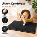 Oranje kat stapt uit kattenbak op een zwarte BOTC kattenbakmat met honingraatstructuur.
