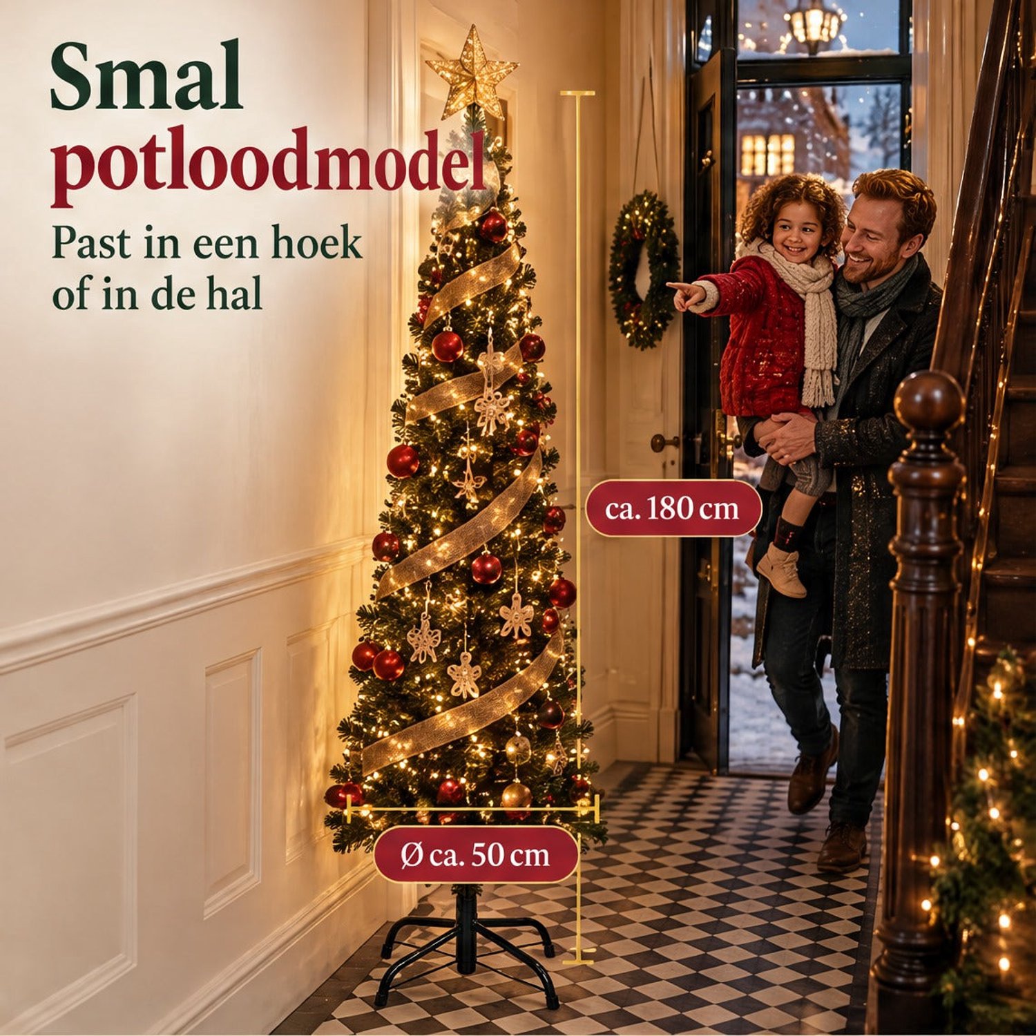 Cheqo® Smalle Kunstkerstboom 180 cm met Verlichting Warm Wit - Kerstboom met Verlichting - Dimbare Kerstboomverlichting 560 LED - Kerstlampjes - Cluster Kerstverlichting - Lichtsnoer - LED Kerstboom - Smalle Kerstboom – foto 3
