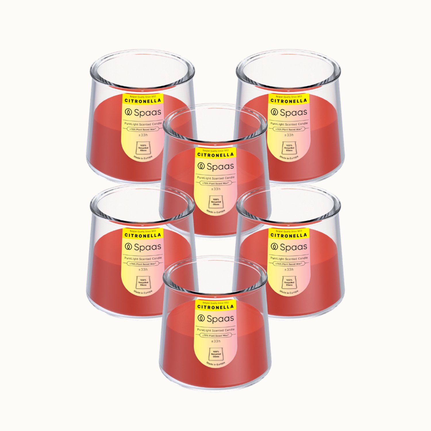 SPAAS PureLight Citronella Geurkaars – Levendig Rood – 100% gerecycleerd glas – circa 33u – 6 geurkaarsen