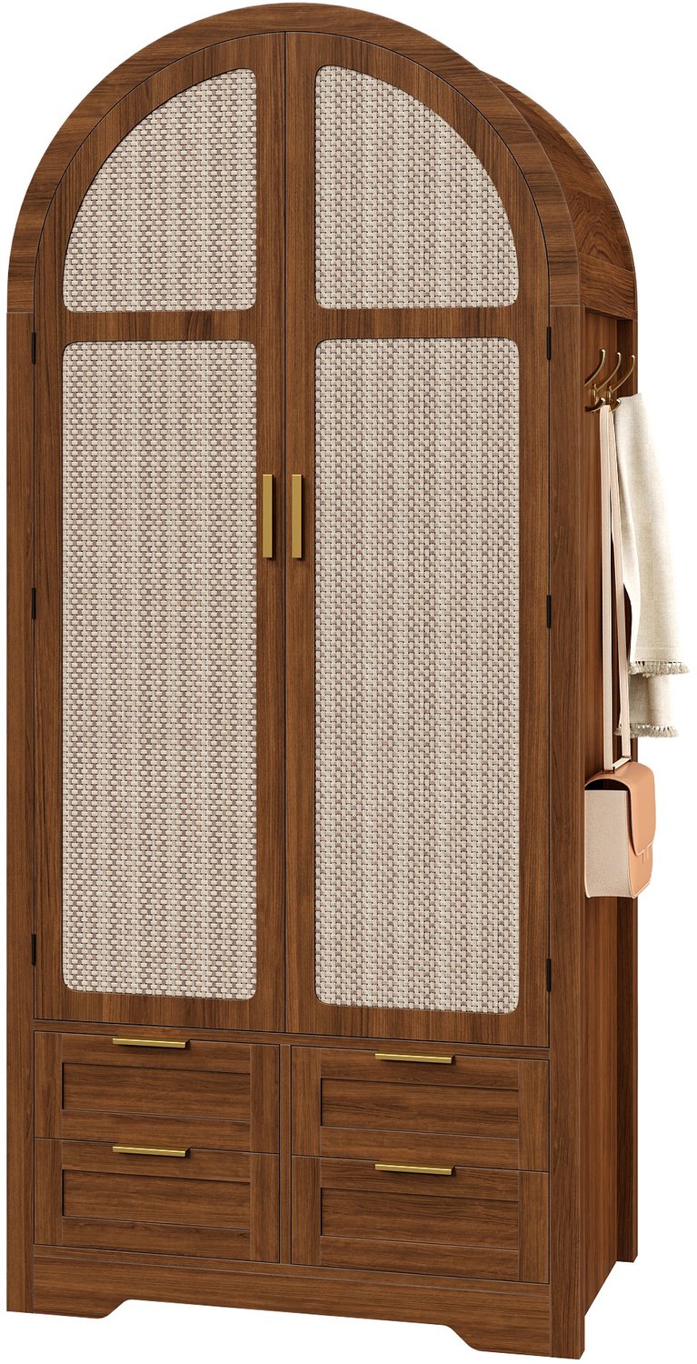 Kledingkast met rotan deuren, gebogen design, kledingroede en lades, 80 x 50 x 180 cm, MDF, walnootkleur