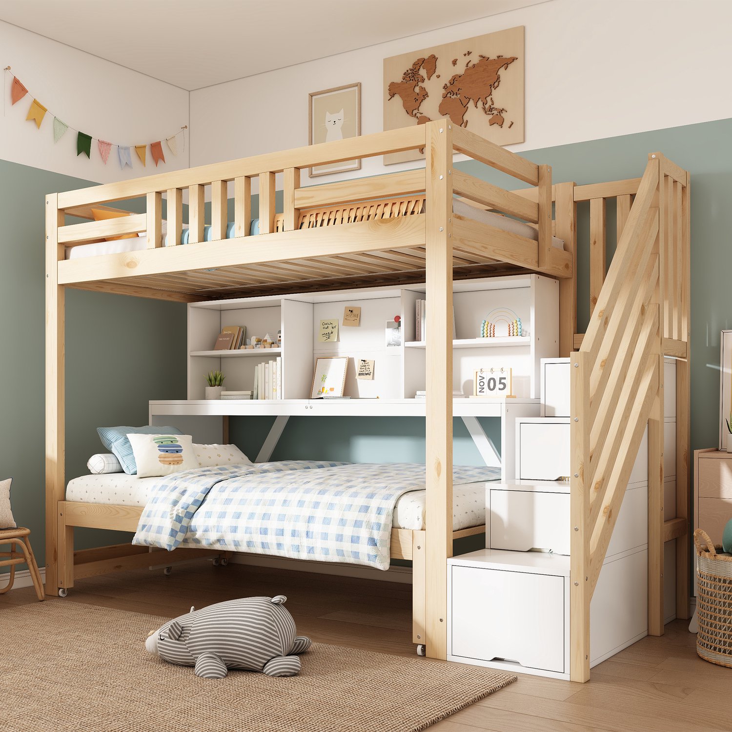 MUVANO Houten stapelbed met bureau - hoogslaper met uitschuifbed op wielen, 90 x 200 en 90 x 190 cm, boekenkast, trapkast, wit/eikenkleur