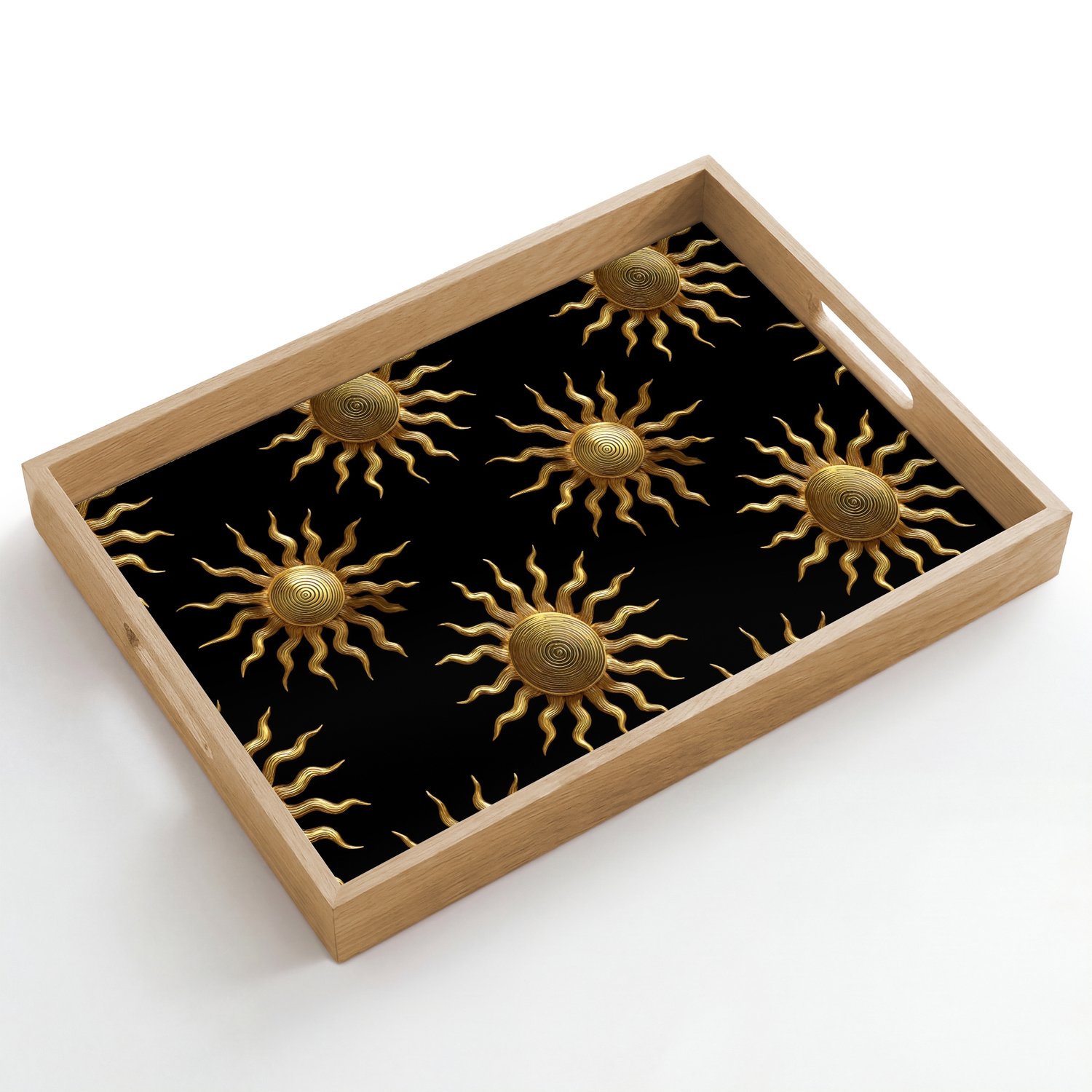 Dienblad hout 50x35 cm - Schootdienblad - Zon - Patroon - Luxe - Goud - Zwart - Borrelplank rechthoek - Plateau dienbladen