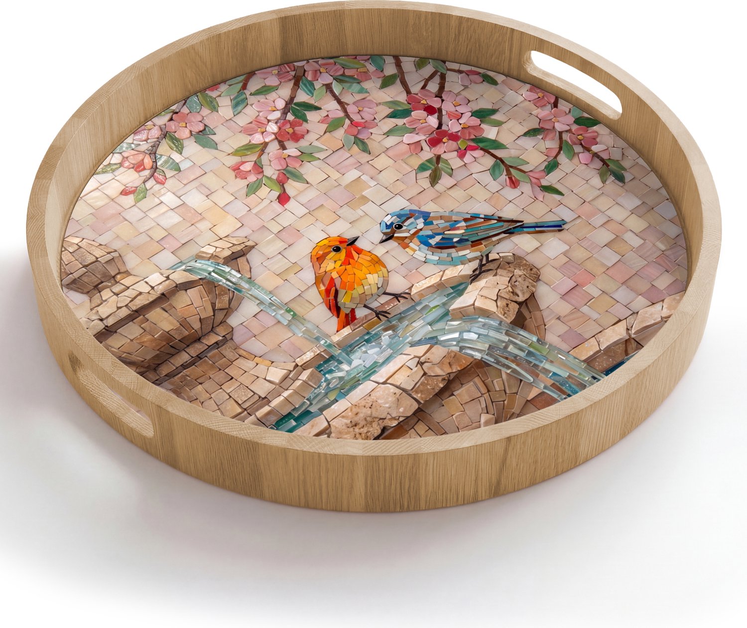 Dienblad rond 50x50 cm - Schootdienblad hout - Vogel - fontein - mozaiek - kleurrijk - dieren - Borrelplank rechthoek - Plateau houten dienbladen