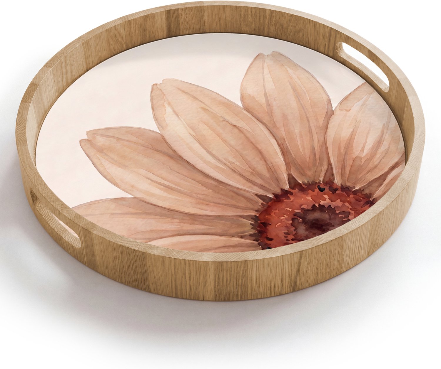 Dienblad rond 40x40 cm - Schootdienblad hout - Bloemen - Bloemblad - Natuur - Aquarel - Beige - Borrelplank rechthoek - Plateau houten dienbladen
