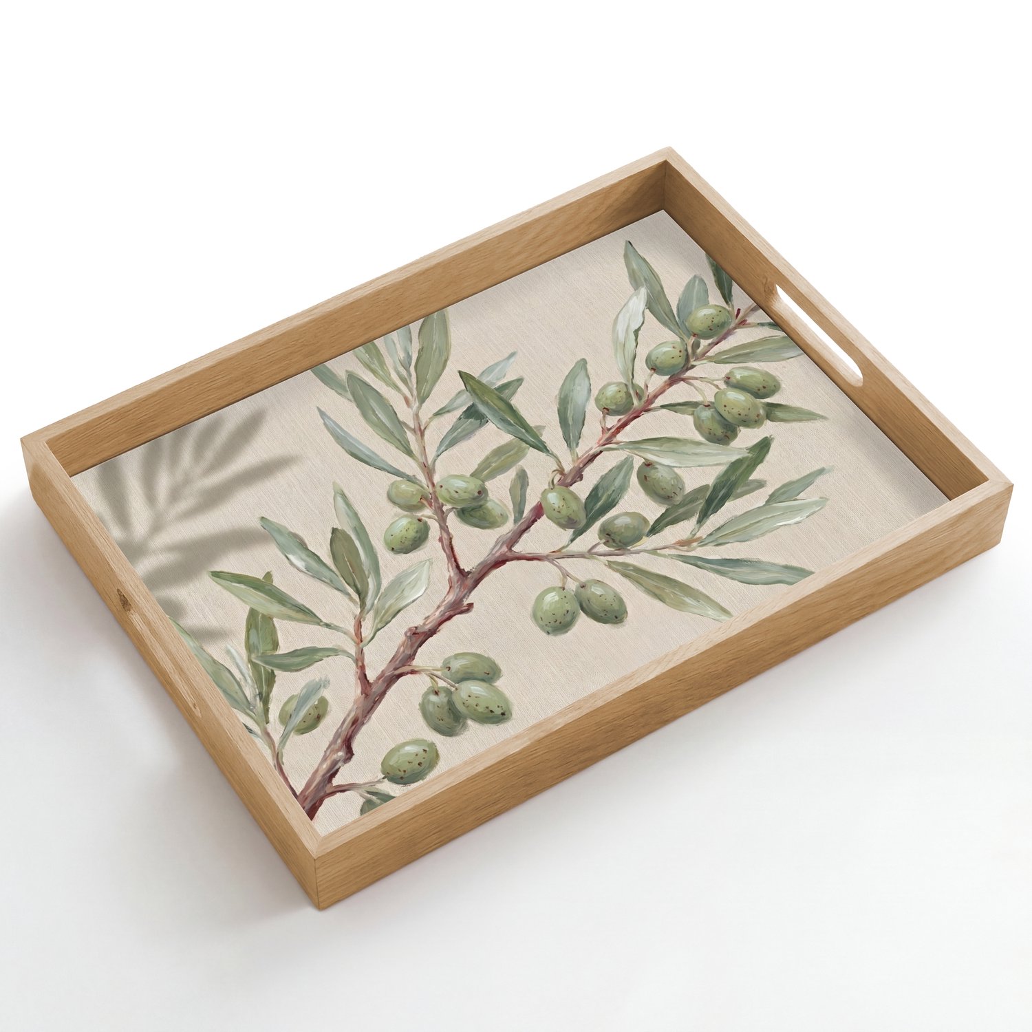 Dienblad hout 50x35 cm - Schootdienblad - Olijftak - Bladeren - Natuur - Groen - Beige - Borrelplank rechthoek - Plateau dienbladen