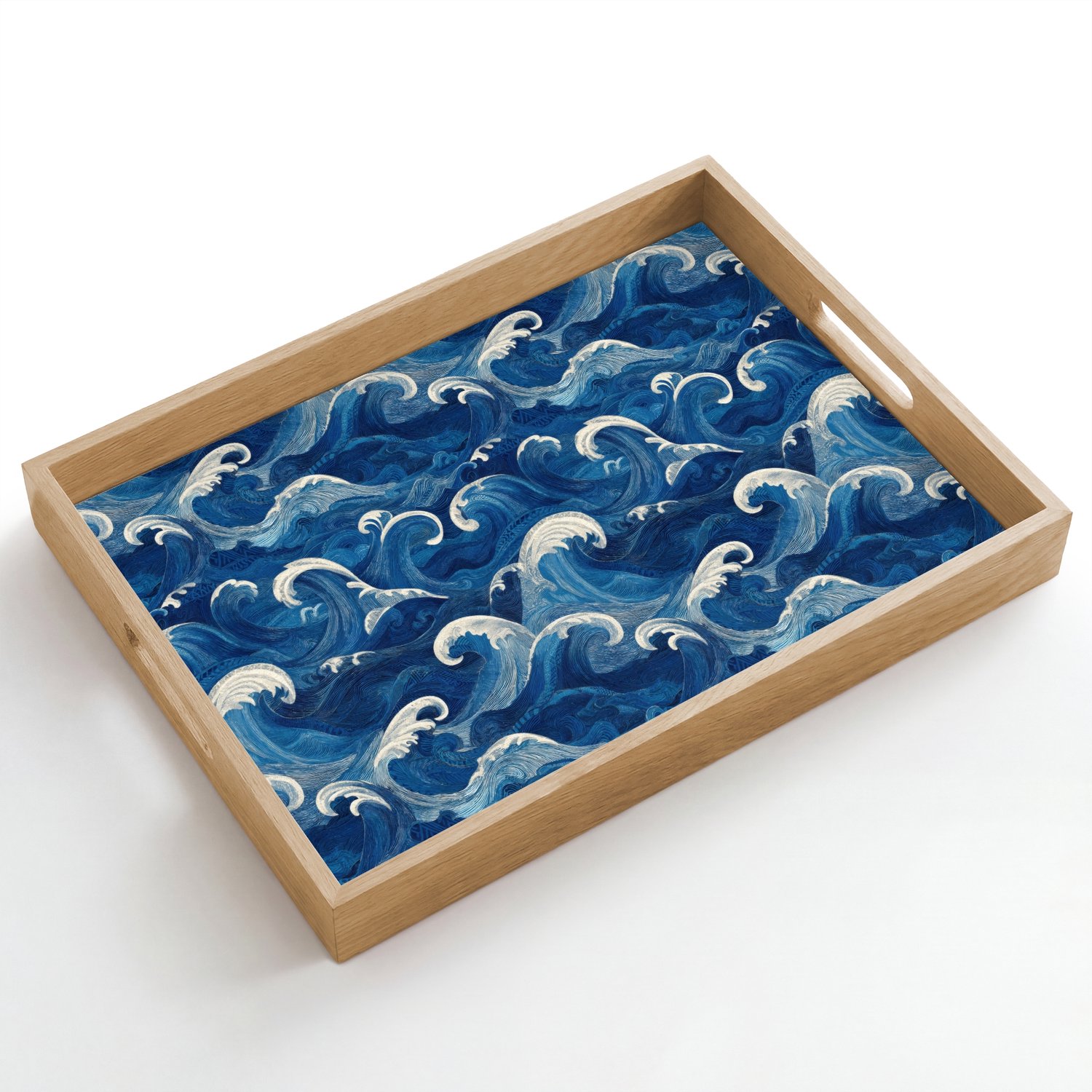 Dienblad hout 50x35 cm - Schootdienblad - Japans - Oceaan - Golven - Blauw - Borrelplank rechthoek - Plateau dienbladen