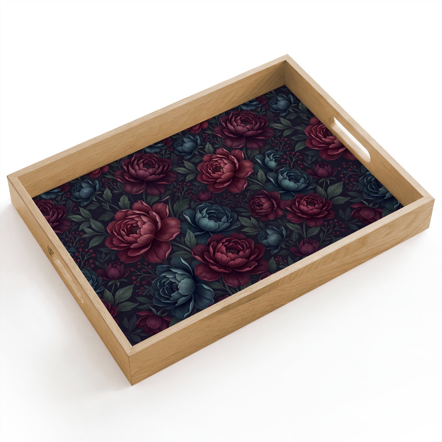 Dienblad hout 40x30 cm - Schootdienblad - Bloemen - Patroon - Natuur - Klassiek - Donker - Borrelplank rechthoek - Plateau dienbladen